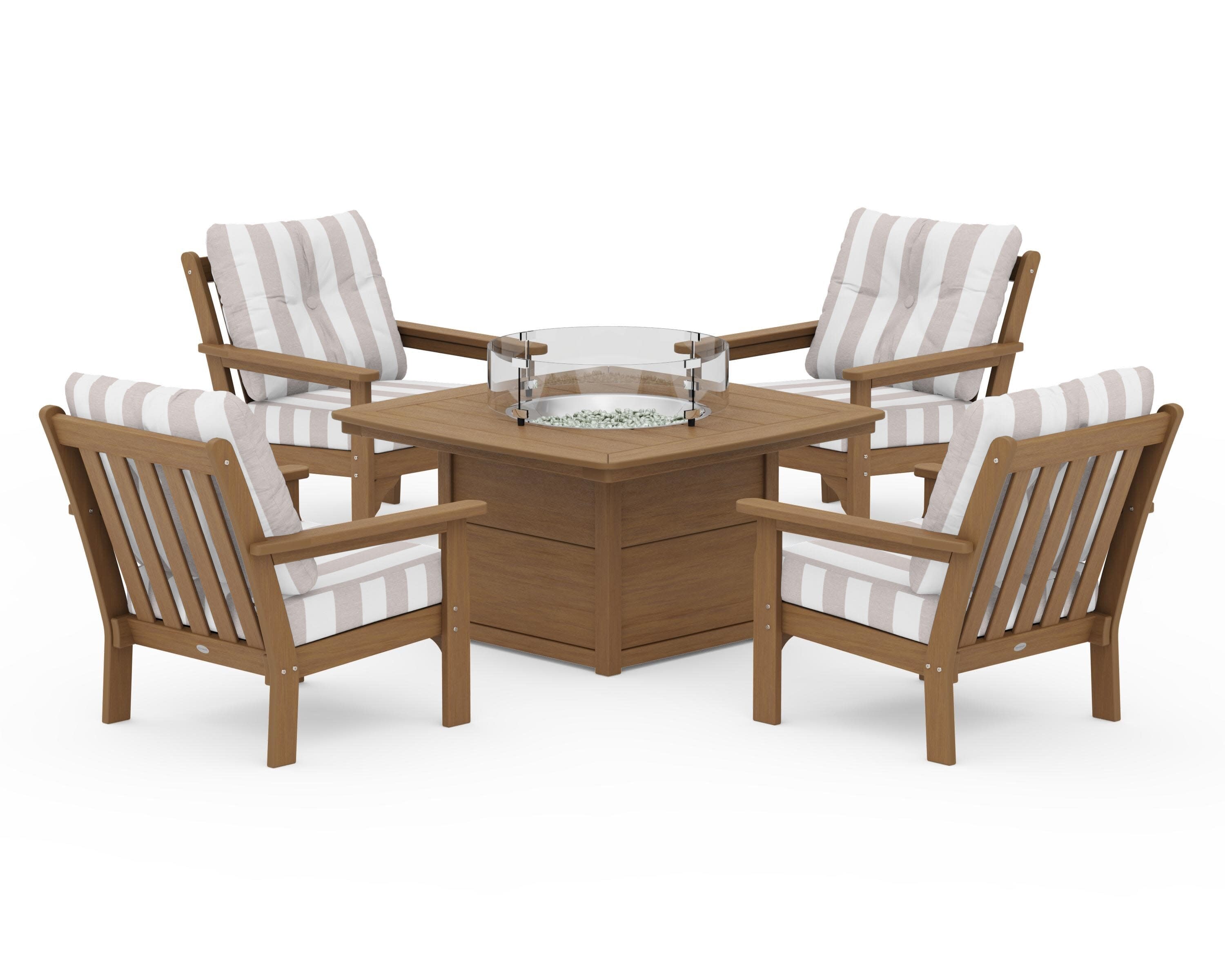 Vineyard 5-Piece Conversation Set with Fire Pit Table in Natural / Cabana Stripe Dune Burlap