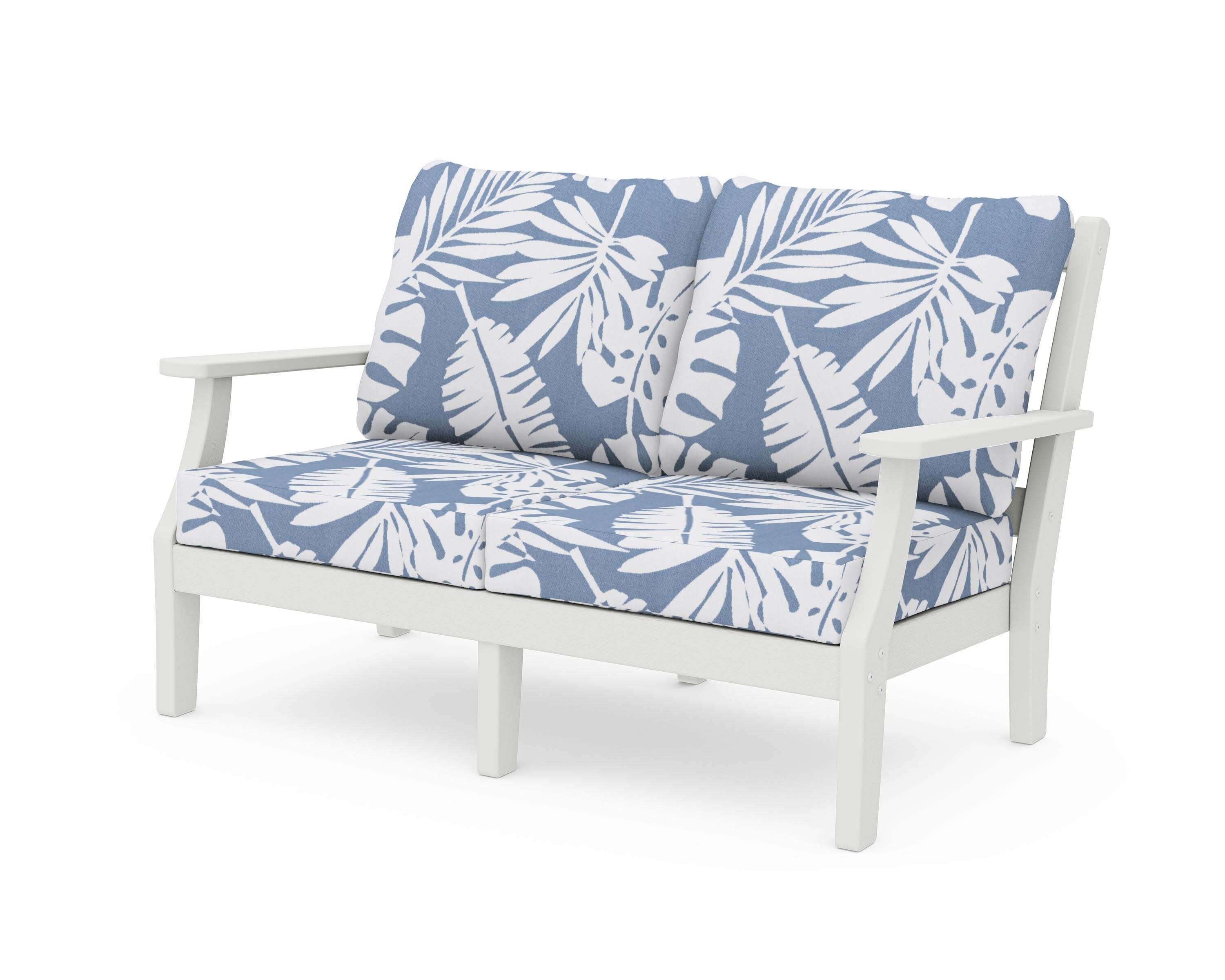 Chinoiserie Deep Seating Loveseat in Vintage White / Leaf Sky Blue