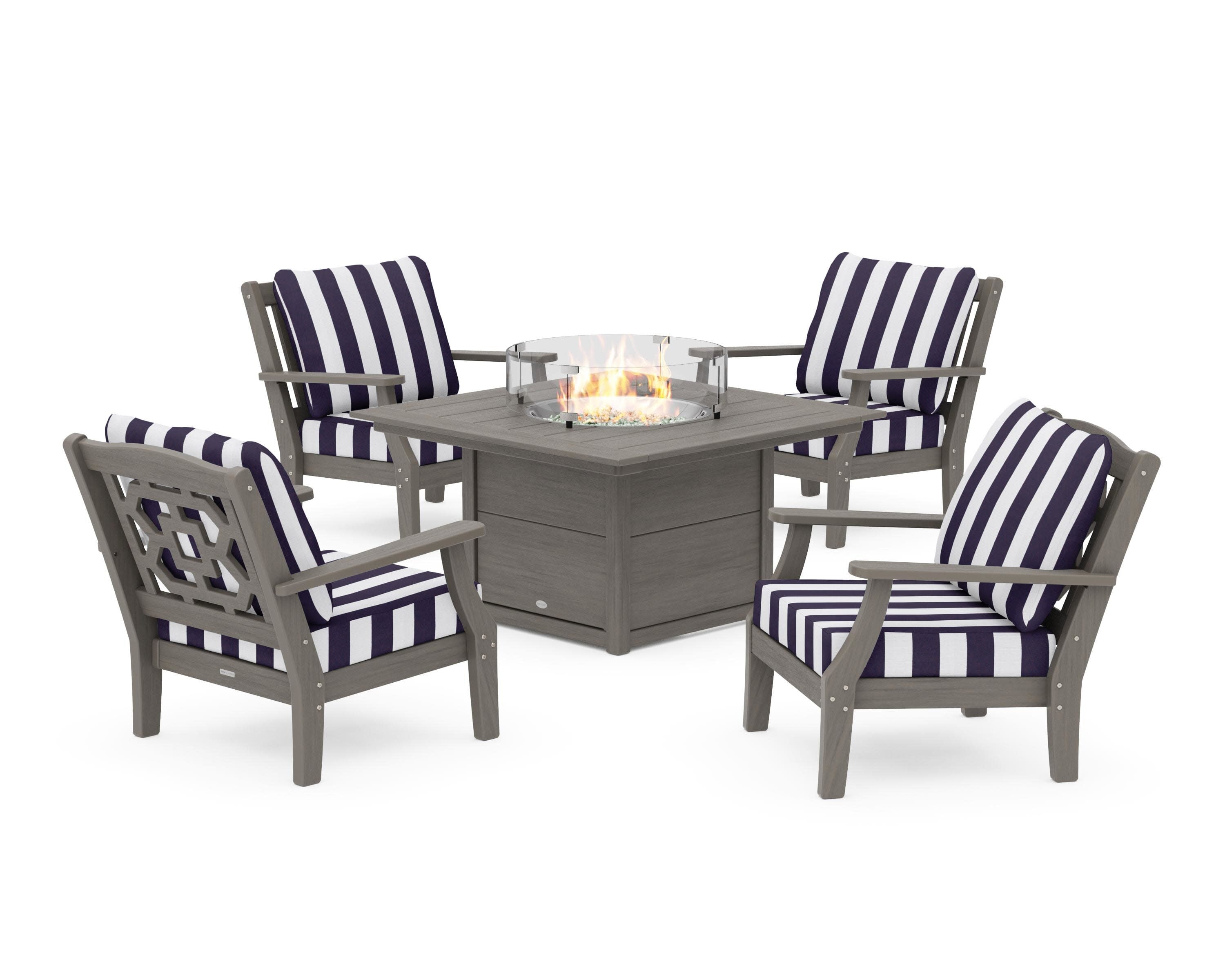 Chinoiserie 5-Piece Deep Seating Set with Fire Pit Table in Driftwood / Cabana Stripe Navy