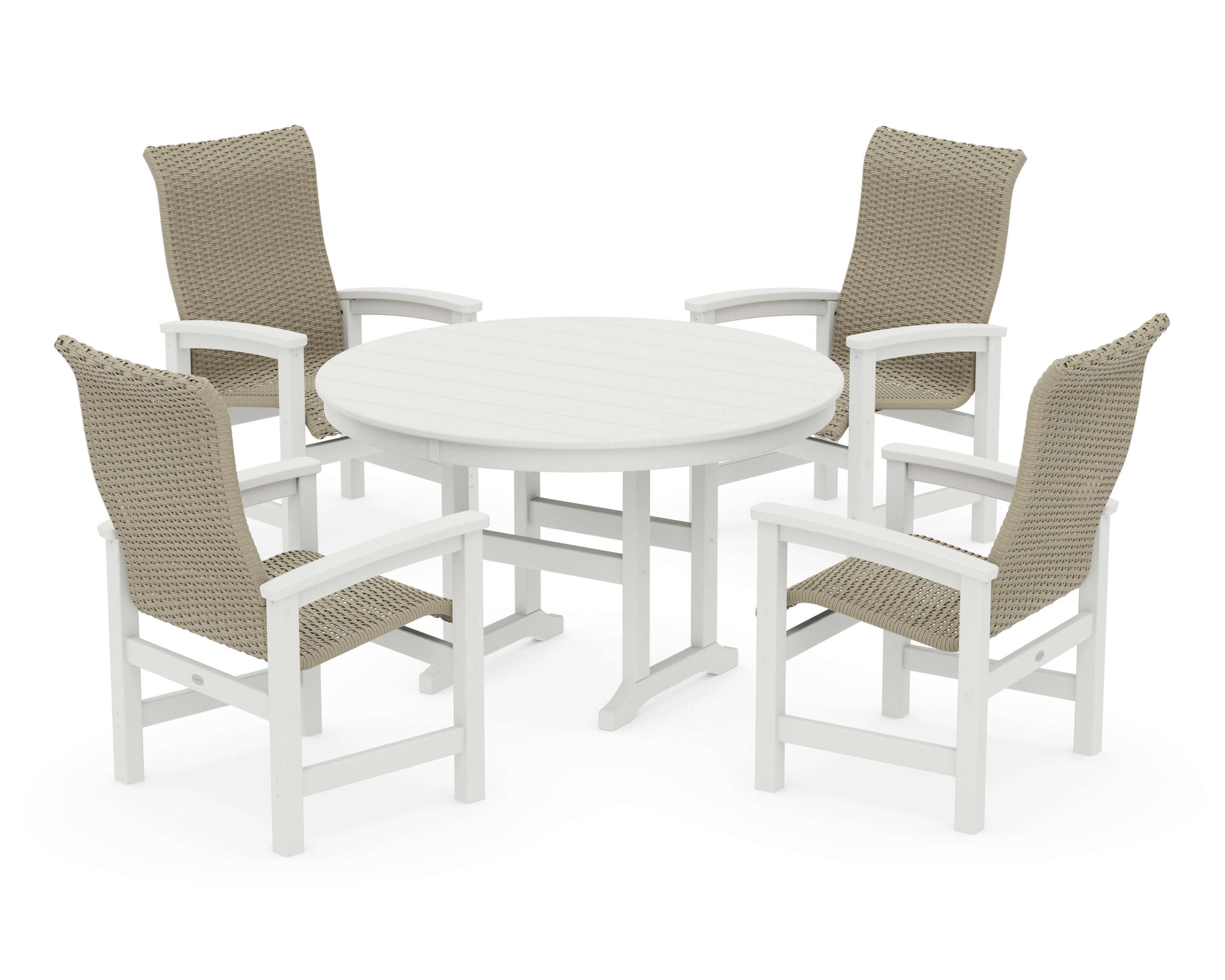 Coastal Woven High-Back 5-Piece Round Farmhouse Dining Set in Vintage White / Dune Grass