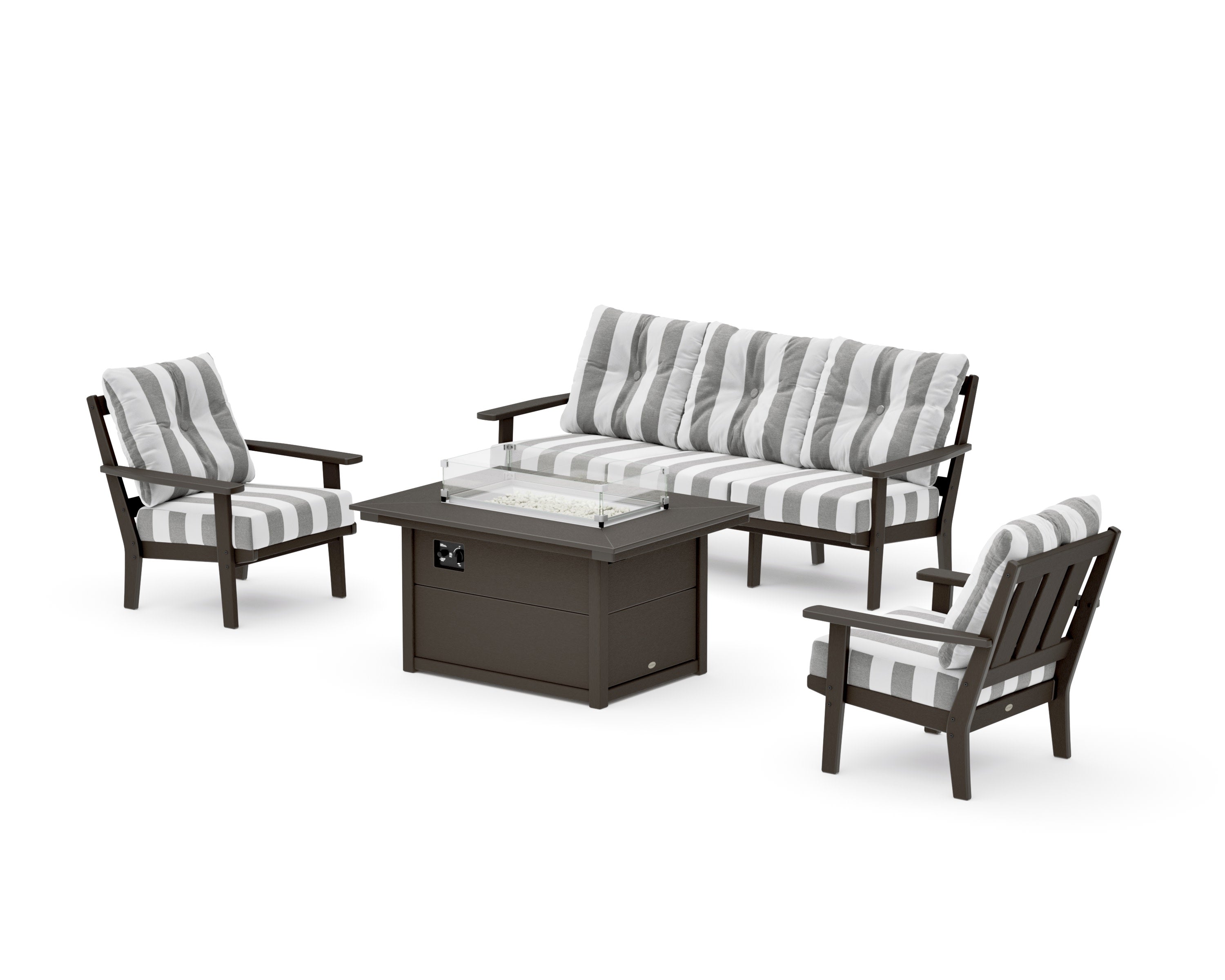 Oxford Deep Seating Fire Pit Table Set in Vintage Coffee / Cabana Stripe Grey Mist