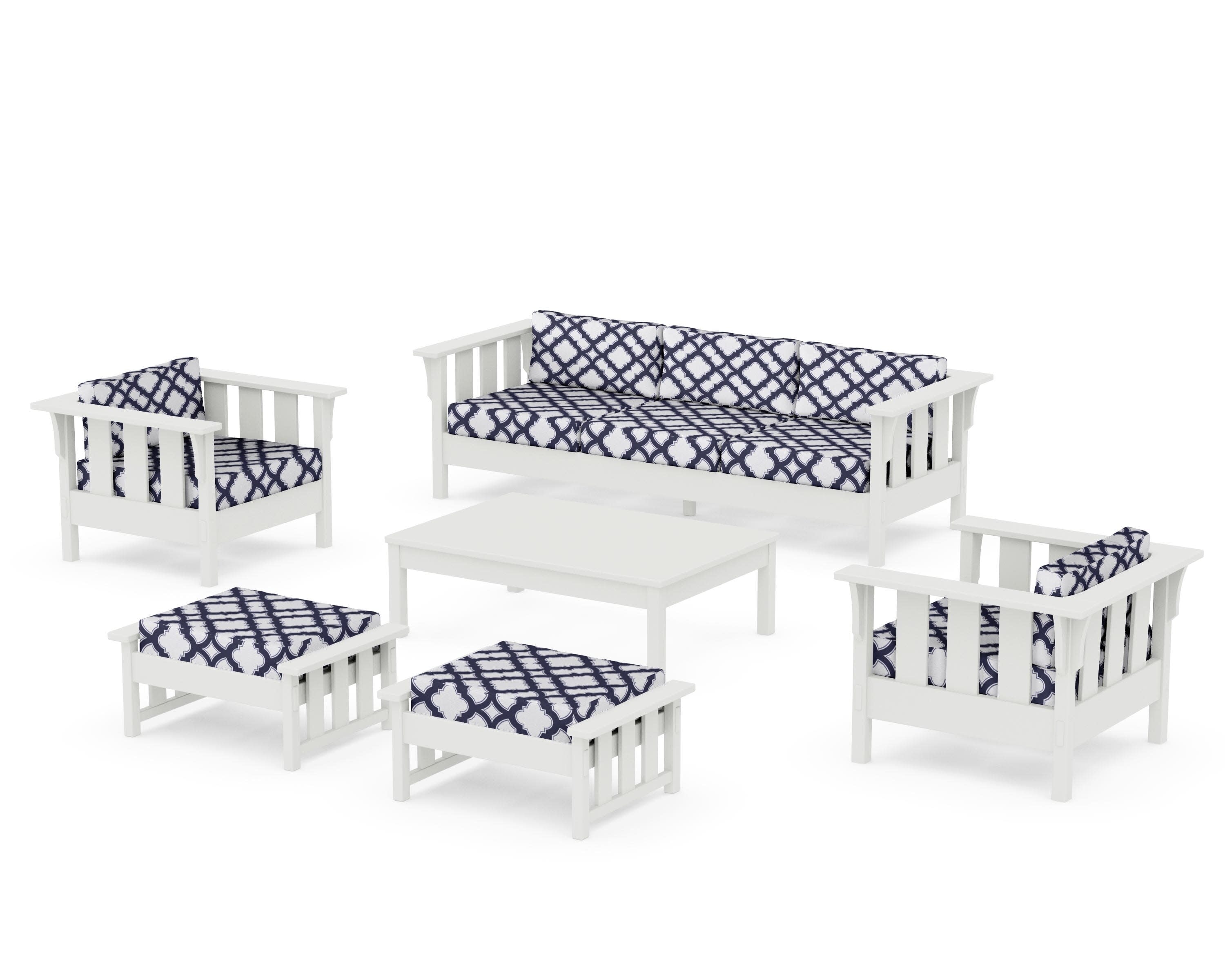 Acadia 6-Piece Lounge Sofa Set in Vintage White / Trellis Navy