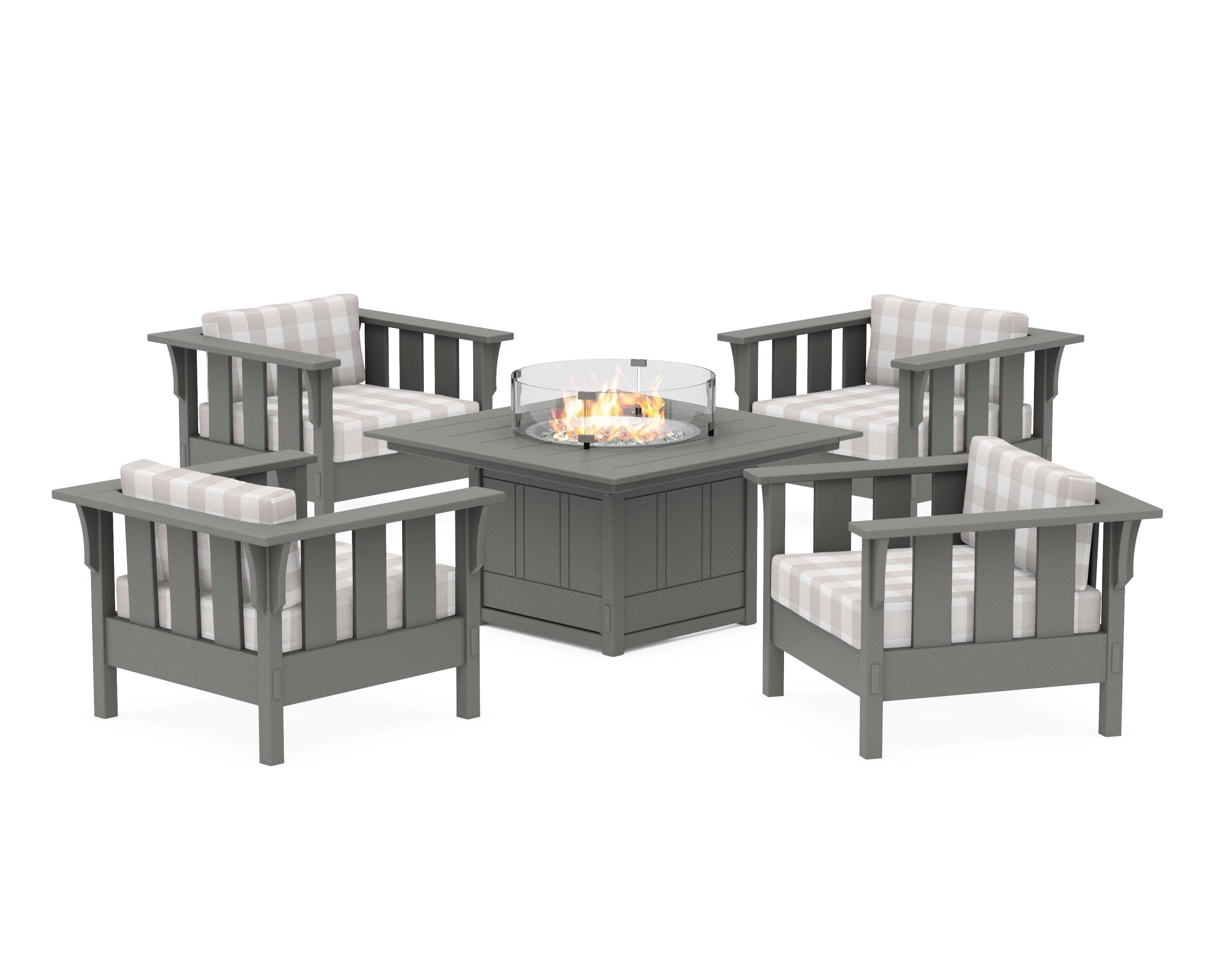 Acadia 5-Piece Deep Seating Set with Fire Pit Table in Slate Grey / Buffalo Plaid Dune Burlap
