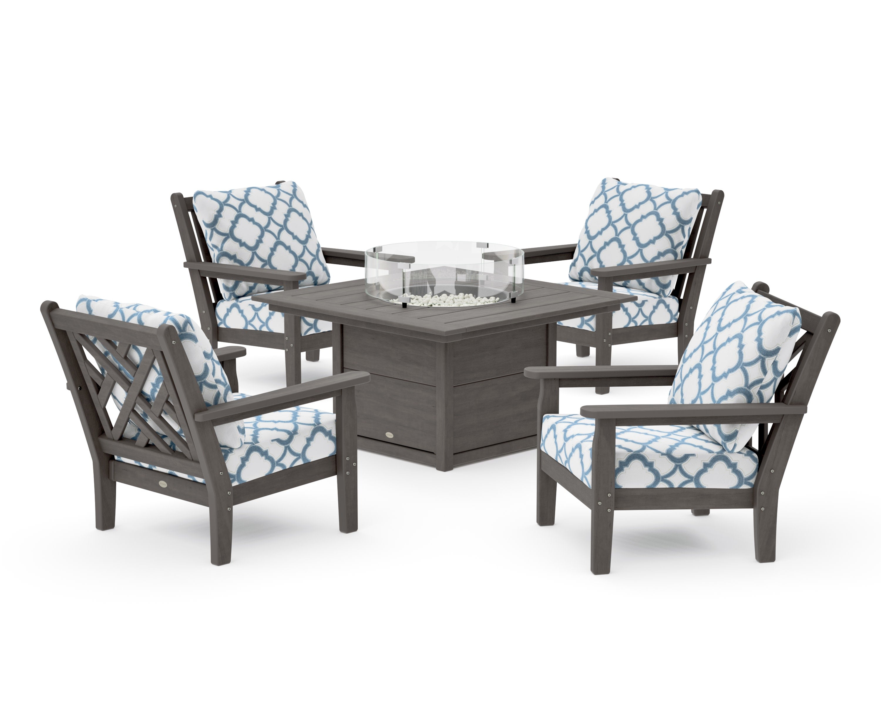 Chippendale 5-Piece Deep Seating Set with Fire Pit Table in Driftwood / Trellis Sky Blue