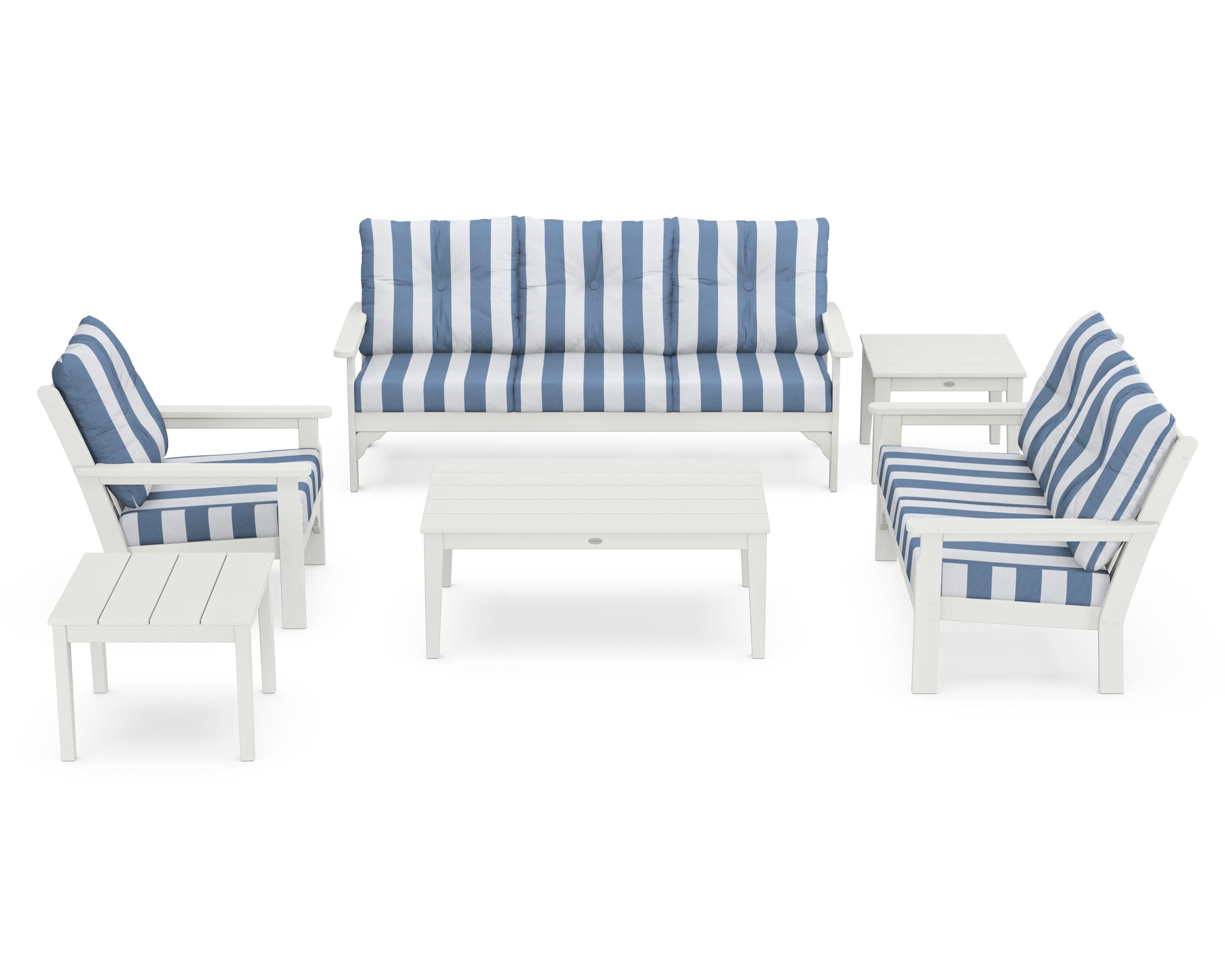 Vineyard 6-Piece Deep Seating Set in Vintage White / Cabana Stripe Sky Blue