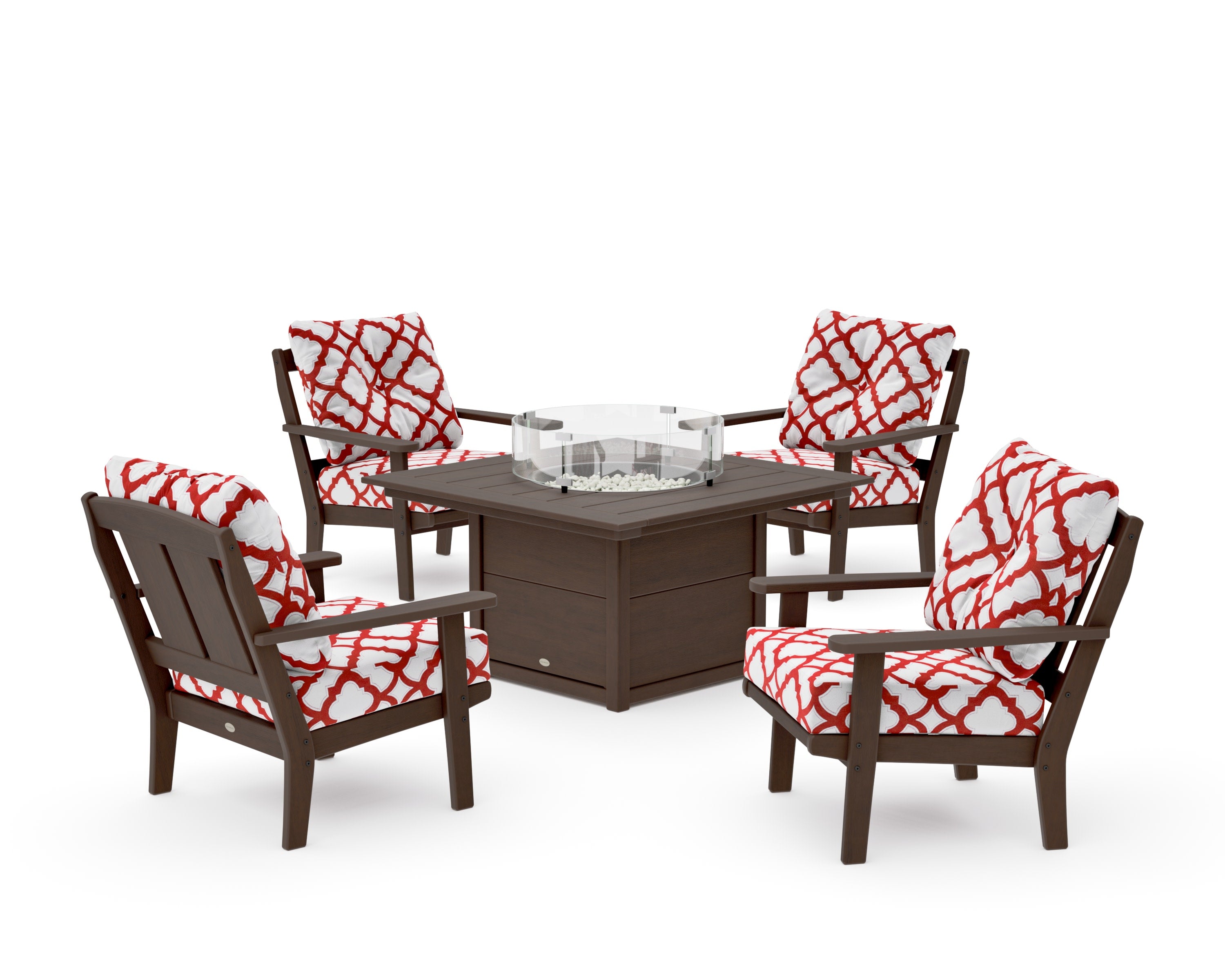 Mission 5-Piece Deep Seating Set with Fire Pit Table in Kona / Trellis Crimson