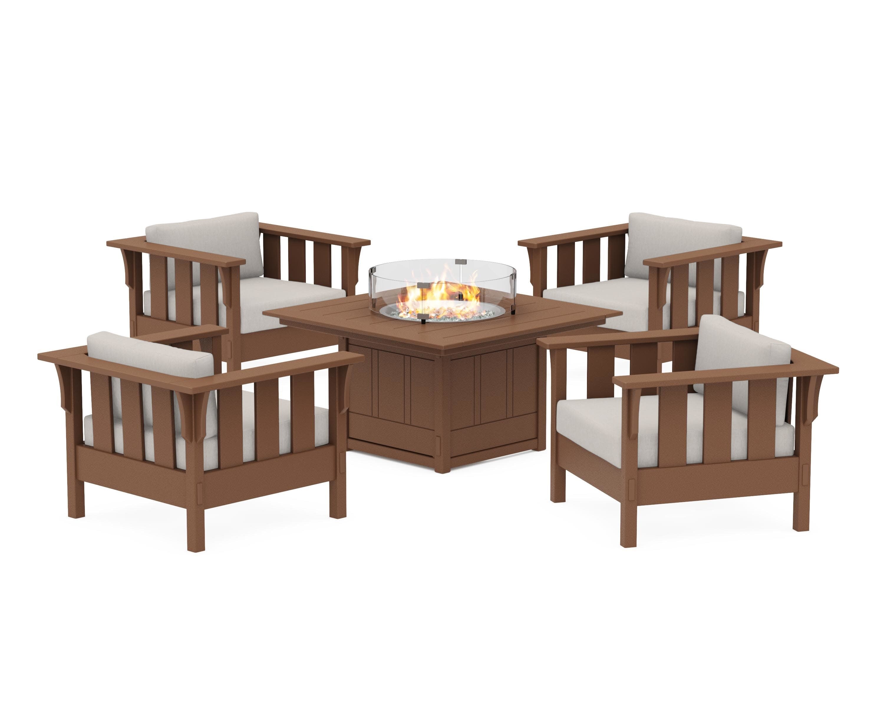 Acadia 5-Piece Deep Seating Set with Fire Pit Table in Teak / Cast Ash