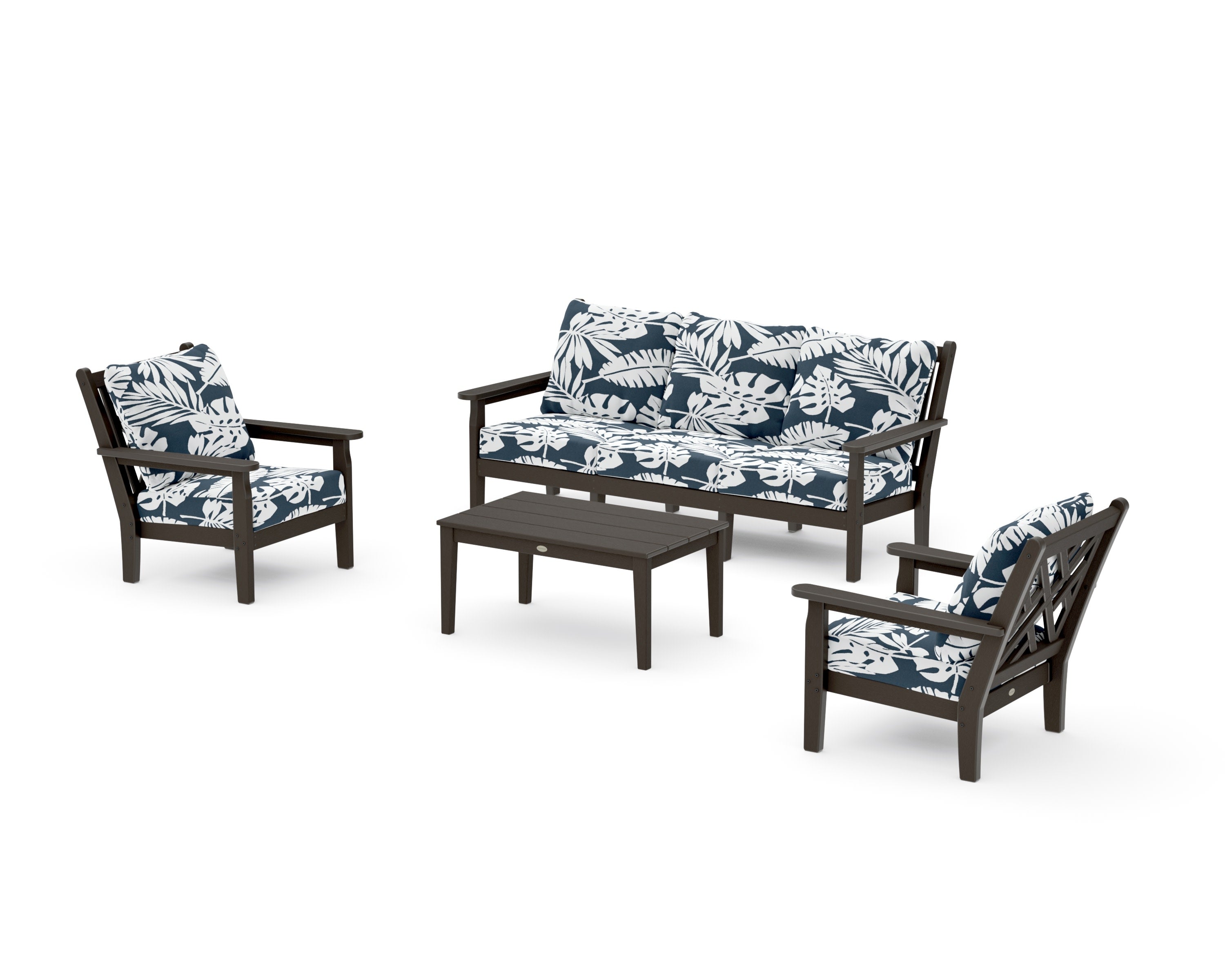Chippendale 4-Piece Deep Seating Set with Sofa in Vintage Coffee / Leaf Marine Indigo