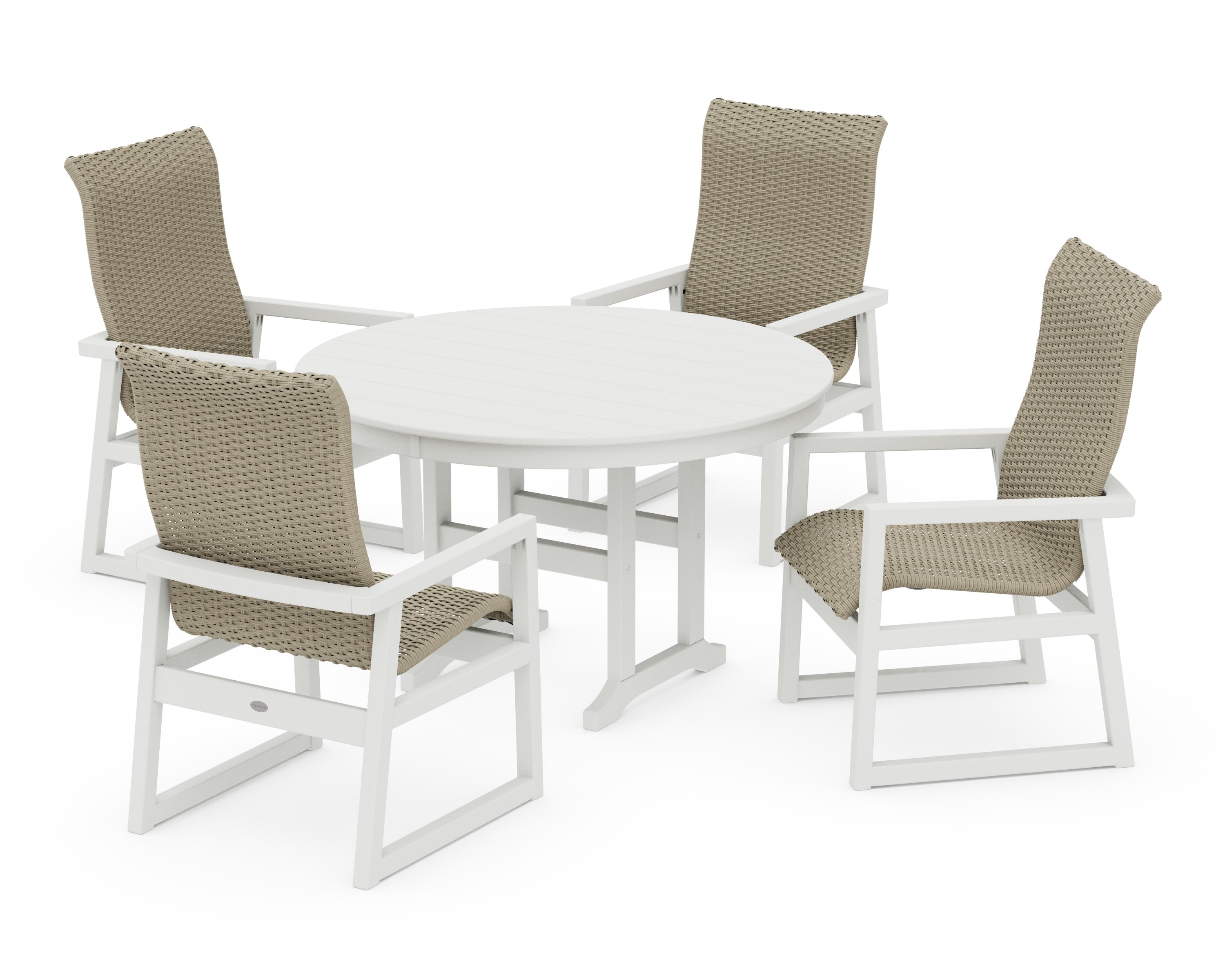 EDGE Woven Highback 5-Piece Round Farmhouse Dining Set in Vintage White / Dune Grass