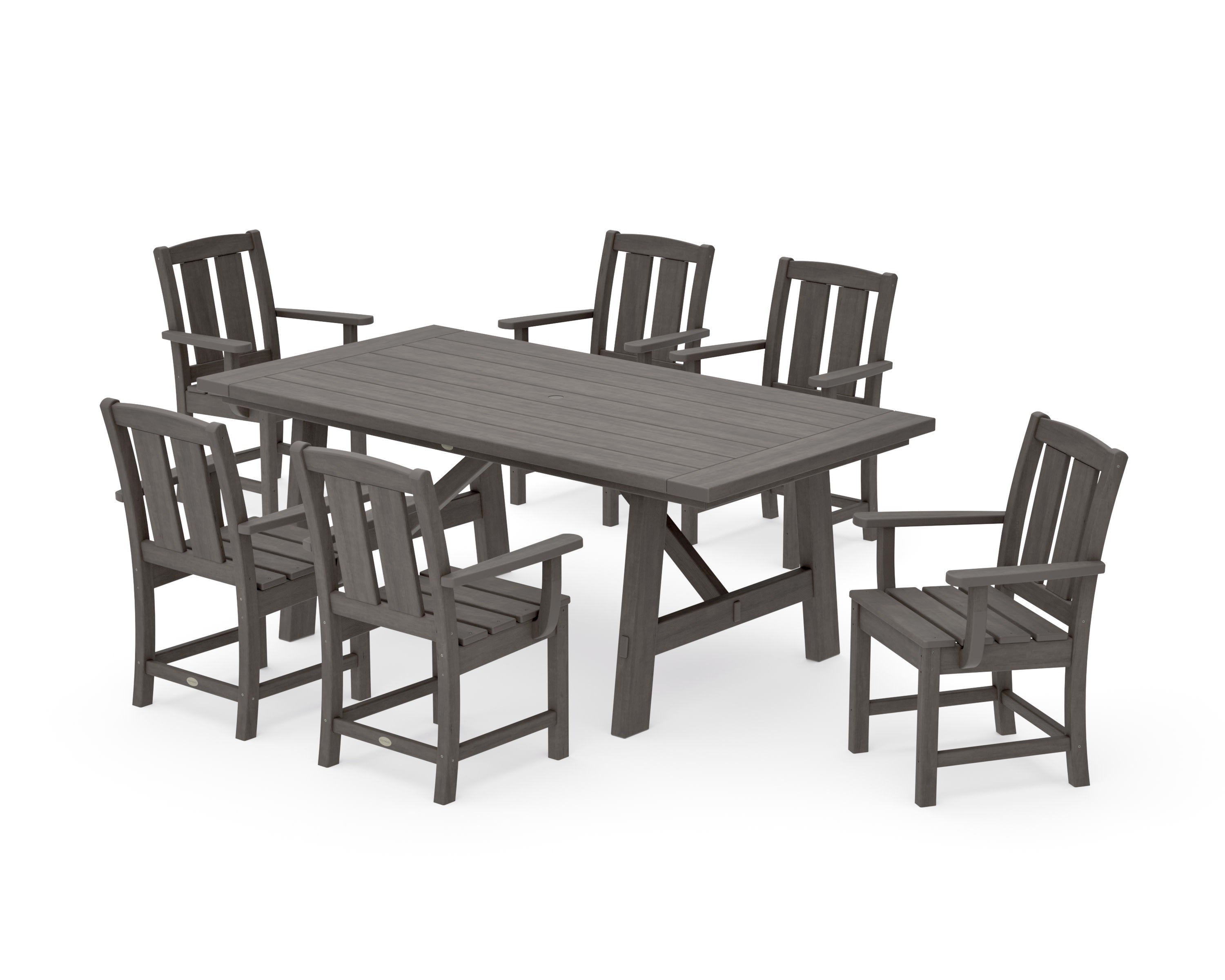 Mission Arm Chair 7-Piece Rustic Farmhouse Dining Set in Driftwood