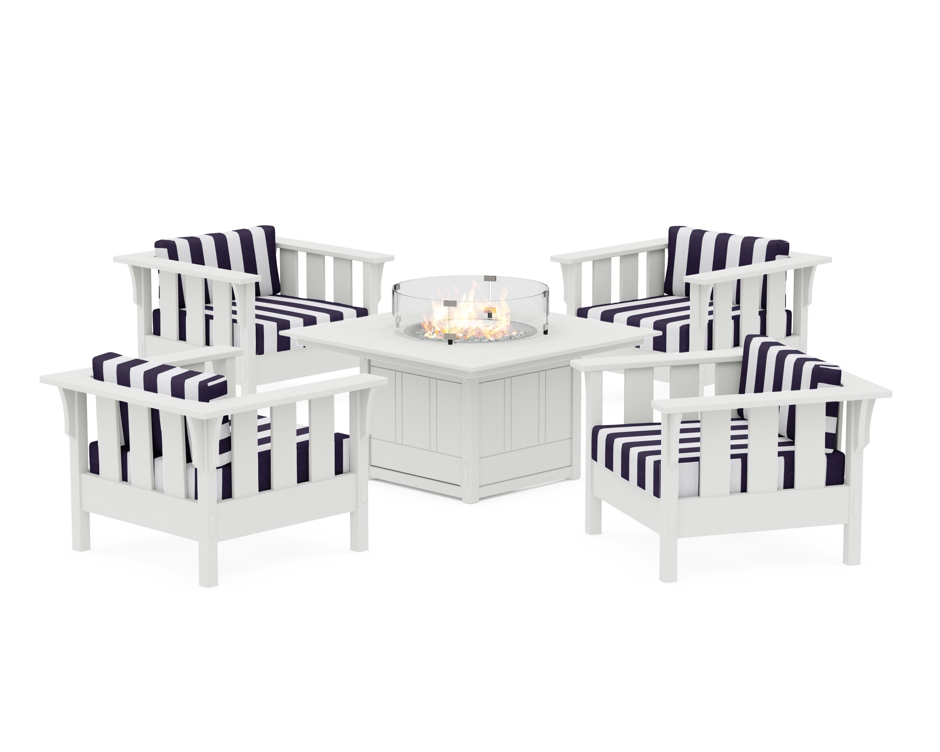 Acadia 5-Piece Deep Seating Set with Fire Pit Table in Vintage White / Cabana Stripe Navy