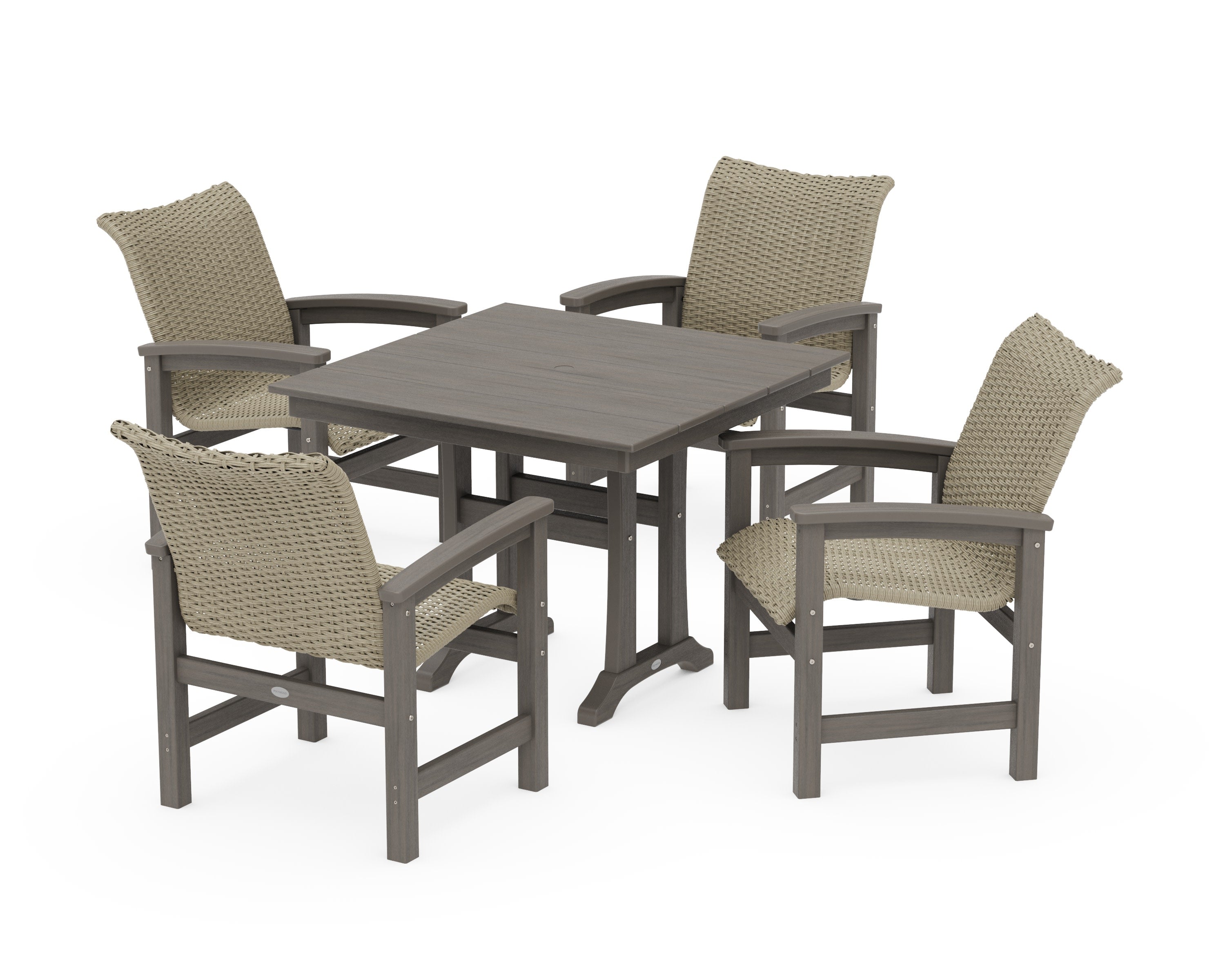 Coastal Woven 5-Piece Farmhouse Dining Set with Trestle Legs in Driftwood / Dune Grass