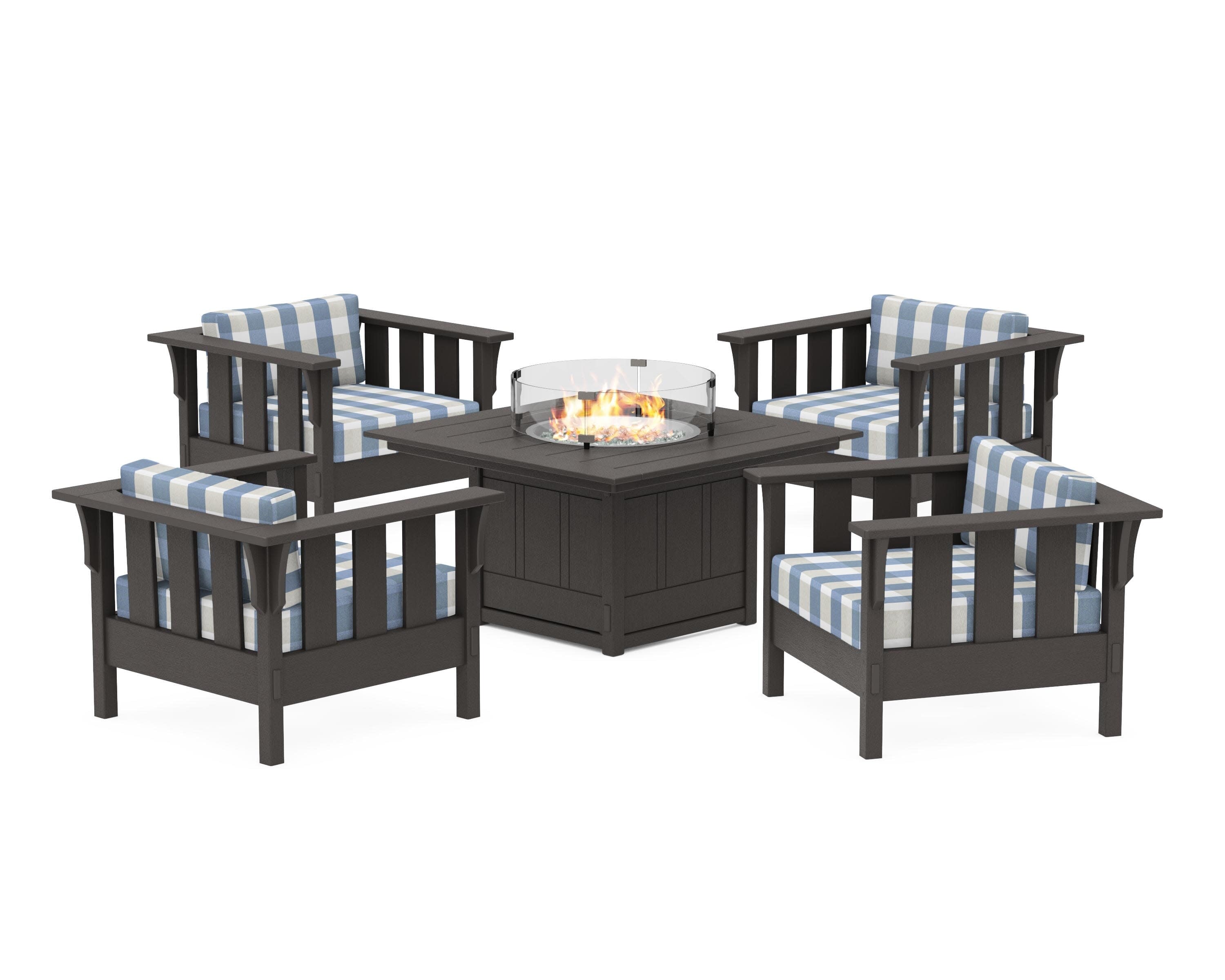Acadia 5-Piece Deep Seating Set with Fire Pit Table in Vintage Coffee / Buffalo Plaid Sky Blue