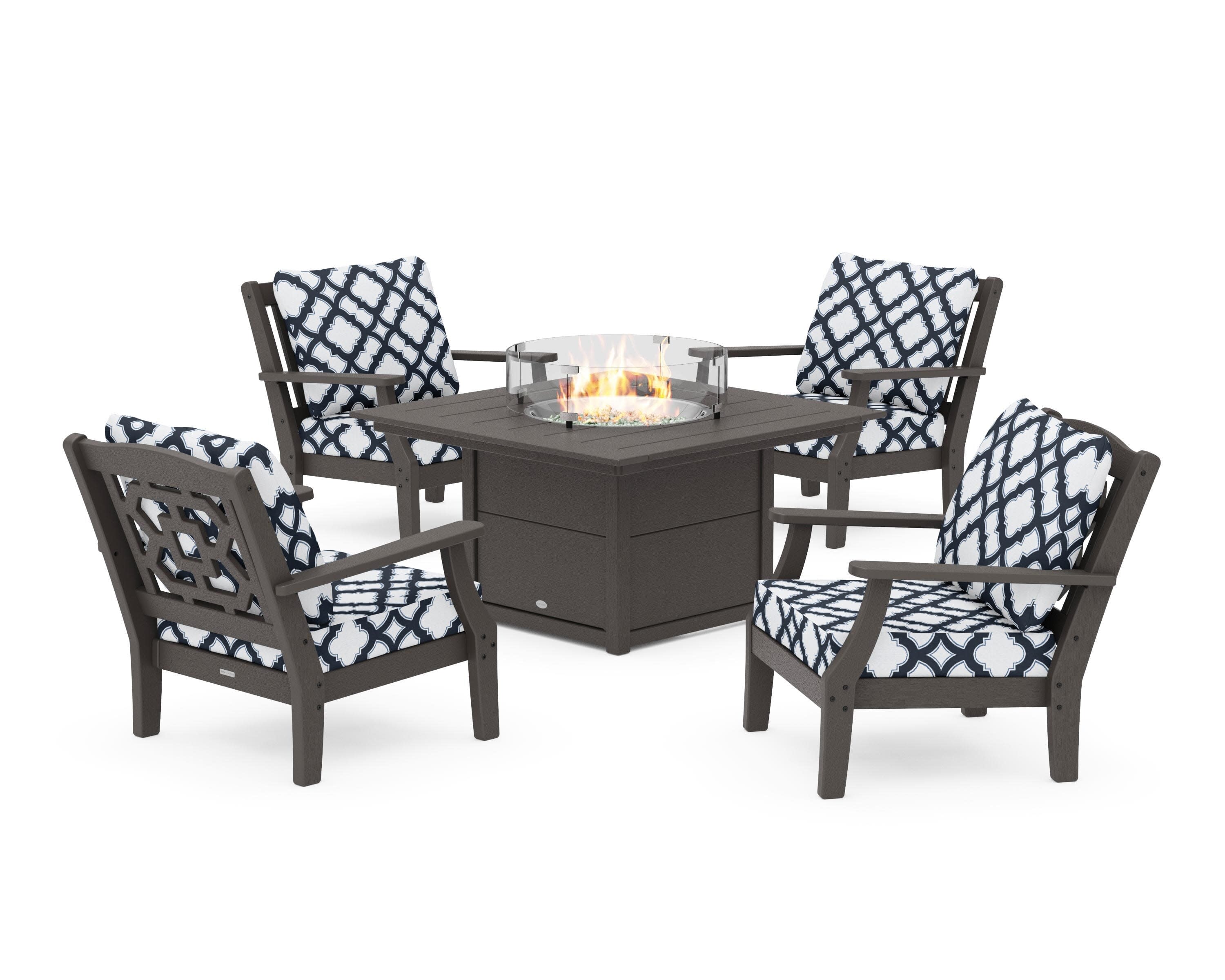 Chinoiserie 5-Piece Deep Seating Set with Fire Pit Table in Vintage Coffee / Trellis Marine Indigo
