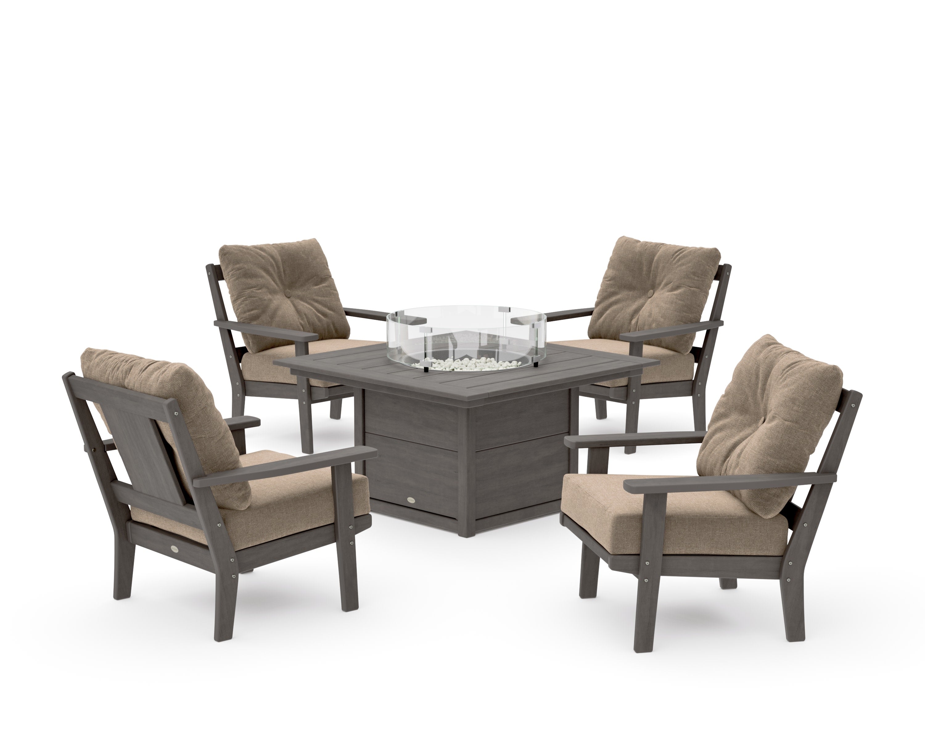 Prairie 5-Piece Deep Seating Set with Fire Pit Table in Driftwood / Spiced Burlap