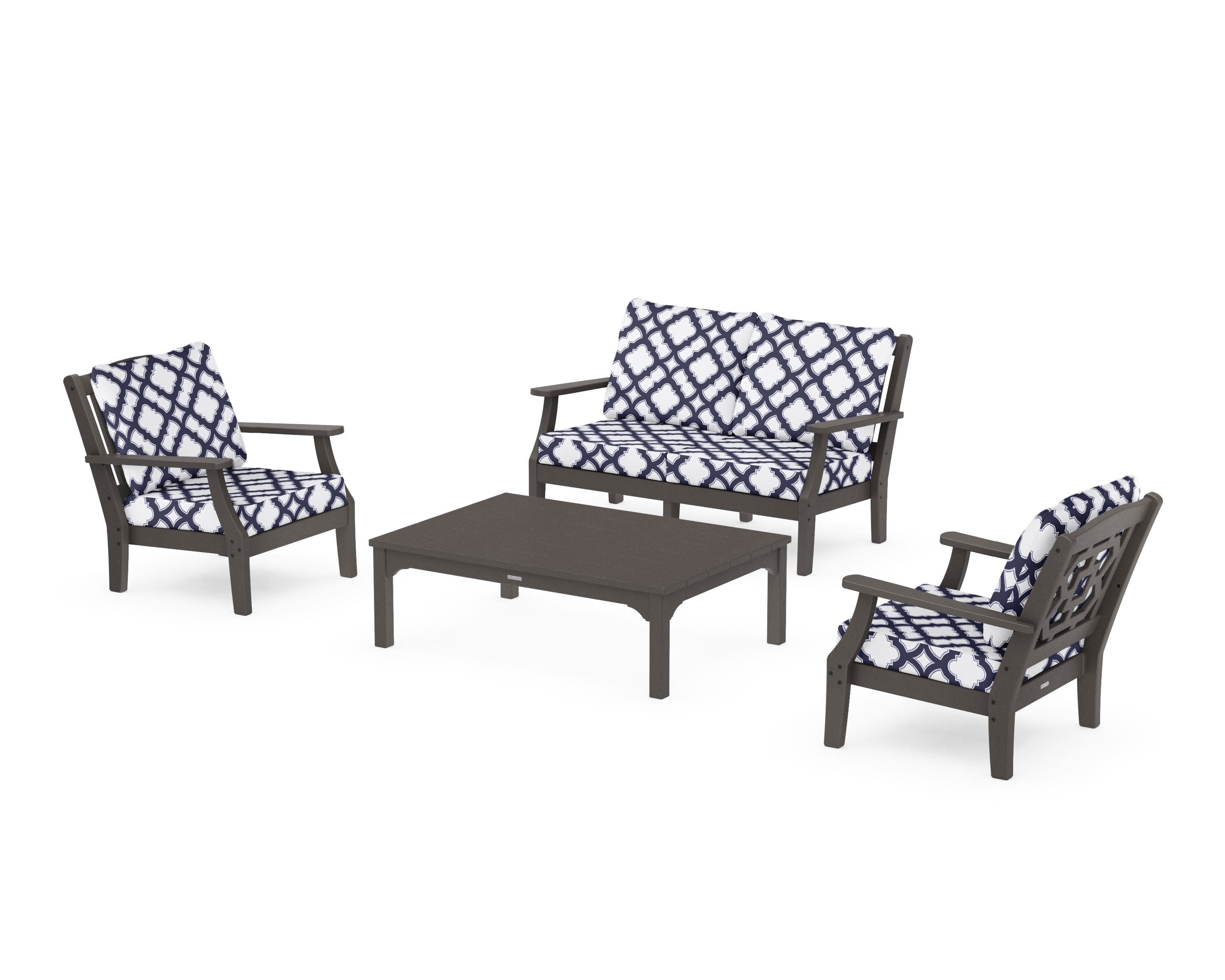 Chinoiserie 4-Piece Deep Seating Set with Loveseat in Vintage Coffee / Trellis Navy