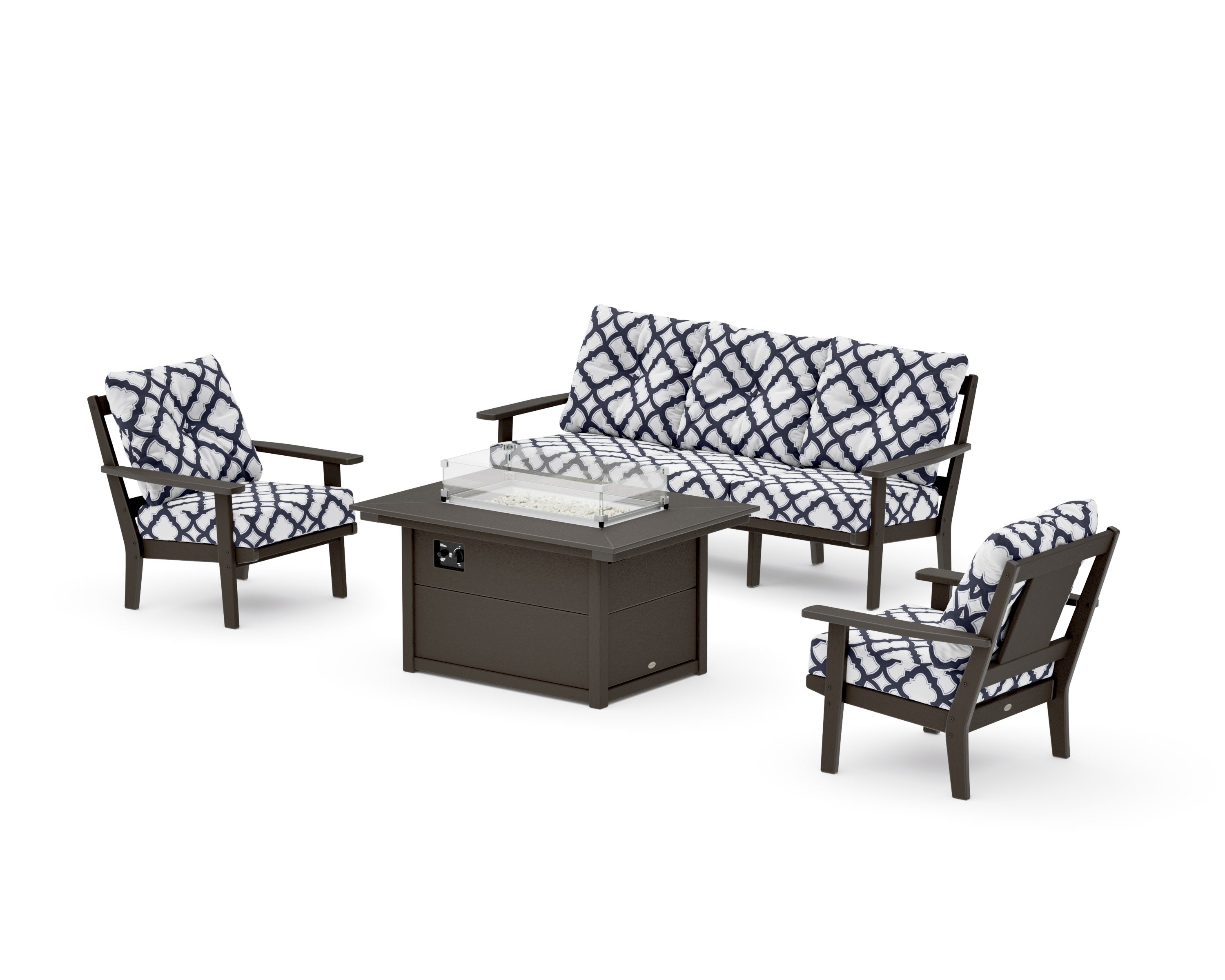 Prairie Deep Seating Fire Pit Table Set in Vintage Coffee / Trellis Navy