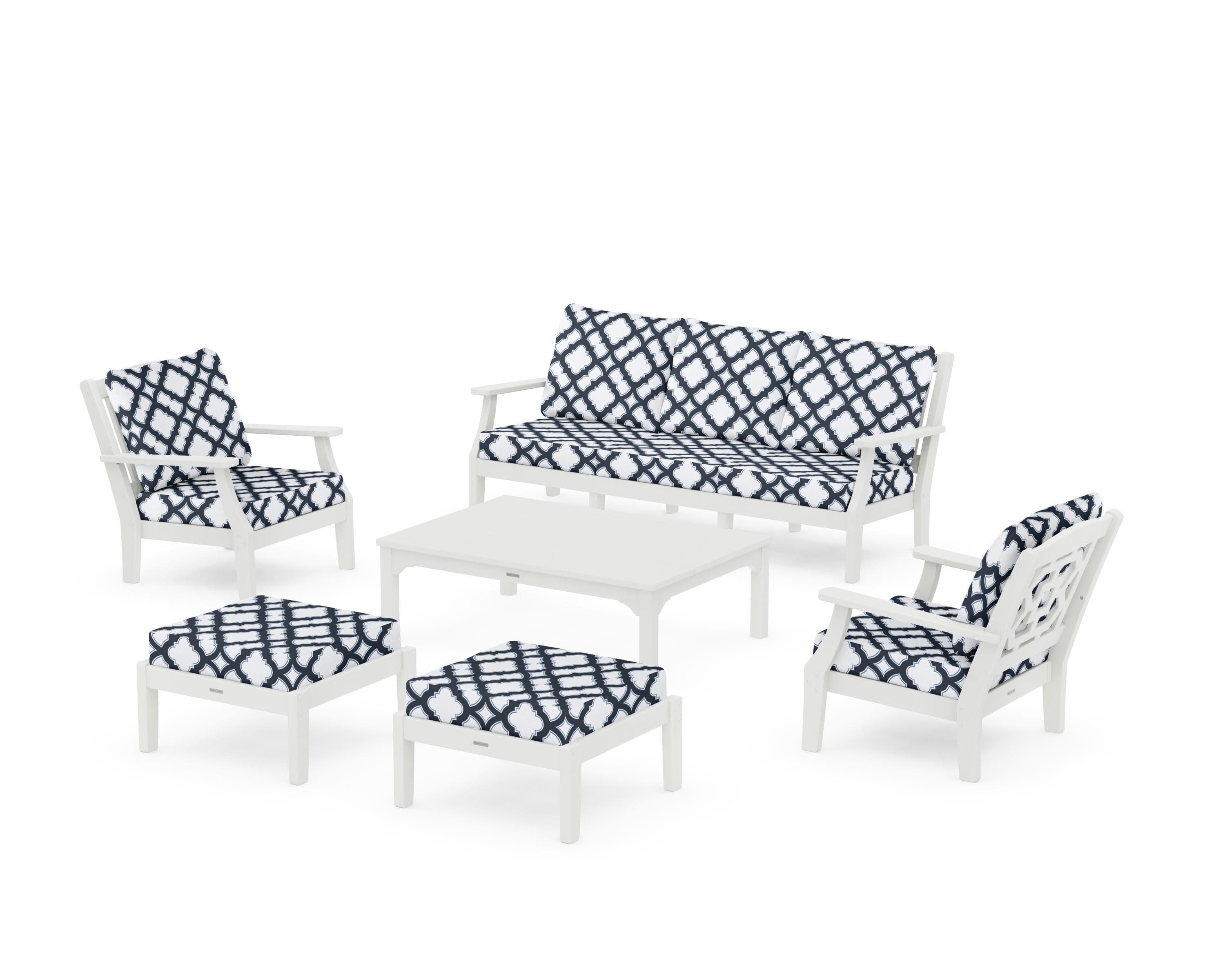 Chinoiserie 6-Piece Lounge Sofa Set in Vintage White / Trellis Marine Indigo