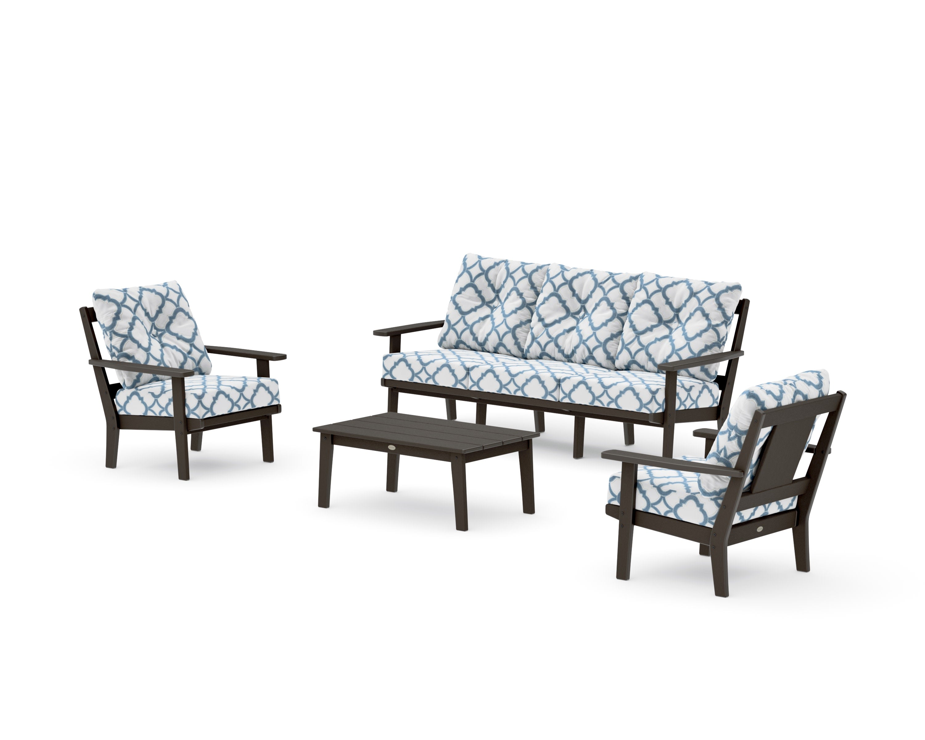 Prairie 4-Piece Deep Seating Set with Sofa in Vintage Coffee / Trellis Sky Blue