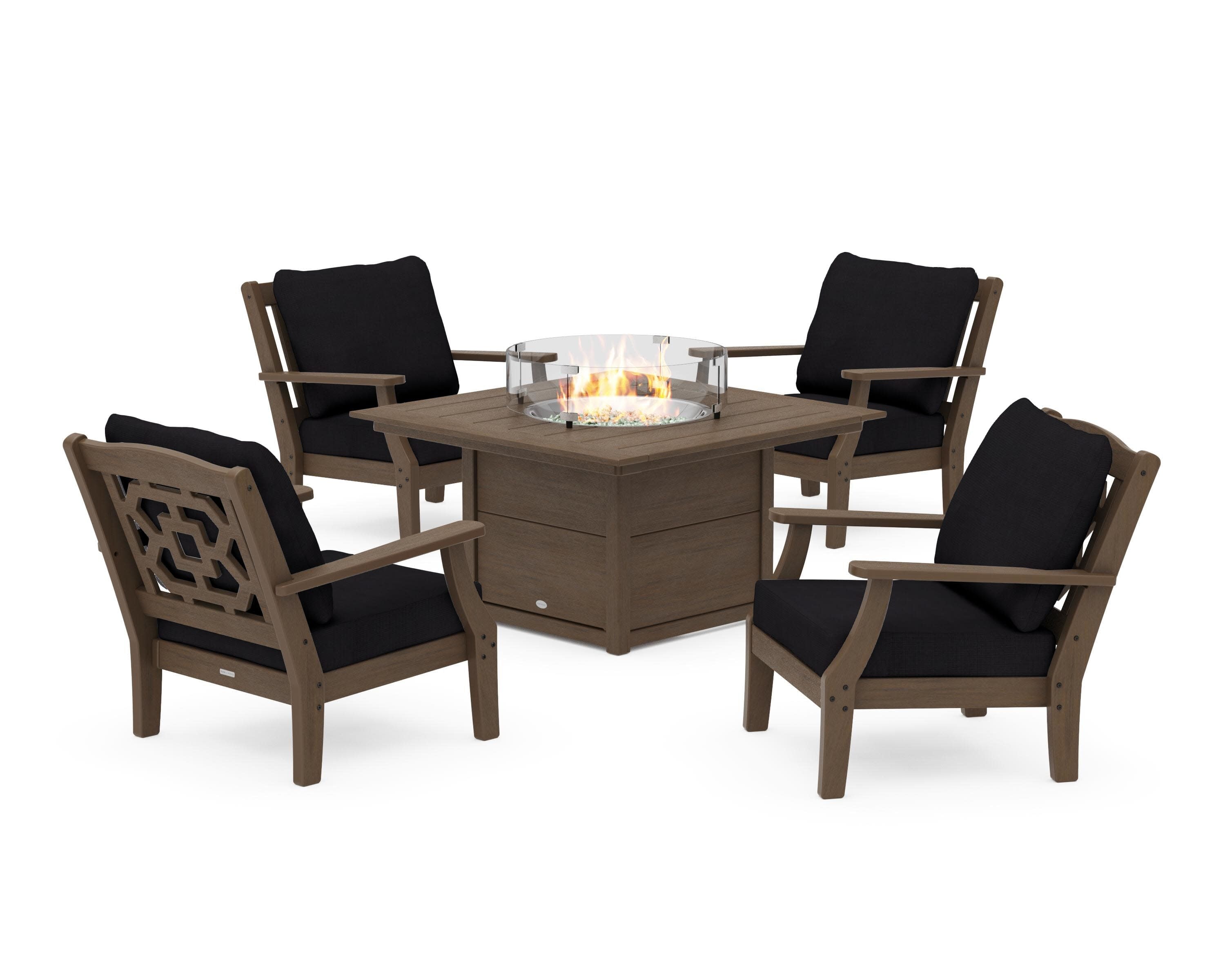 Chinoiserie 5-Piece Deep Seating Set with Fire Pit Table in Kona / Midnight Linen