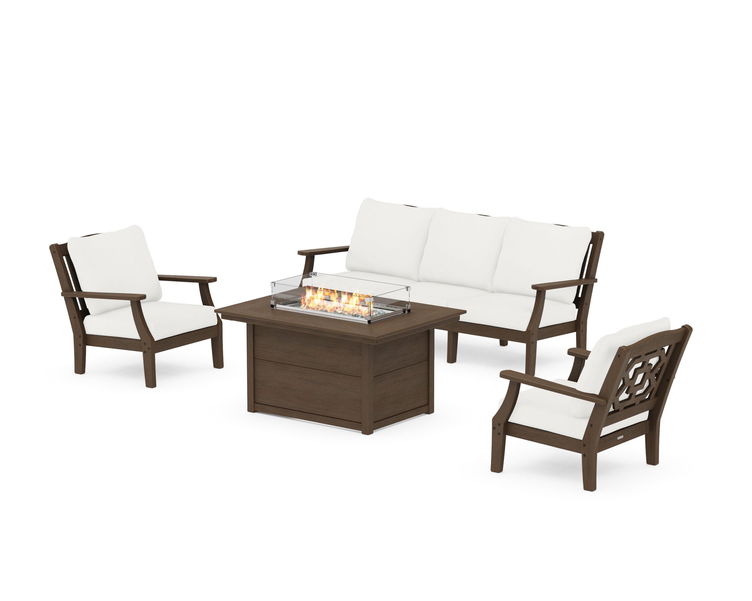 Chinoiserie Deep Seating Fire Pit Table Set in Kona / Natural Linen