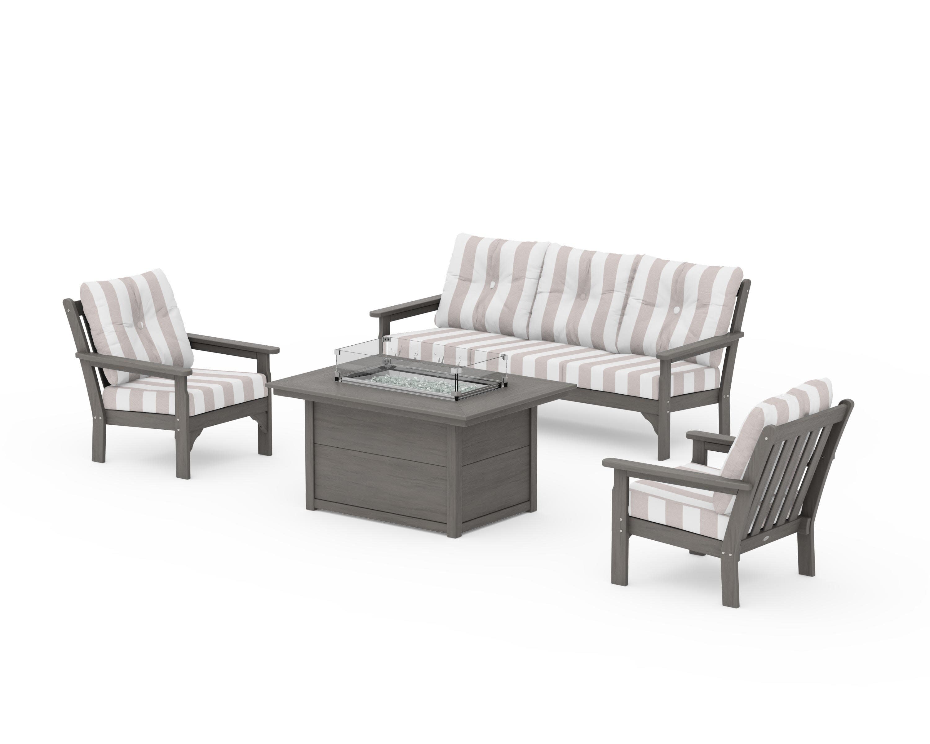 Vineyard Deep Seating Fire Pit Table Set in Driftwood / Cabana Stripe Dune Burlap