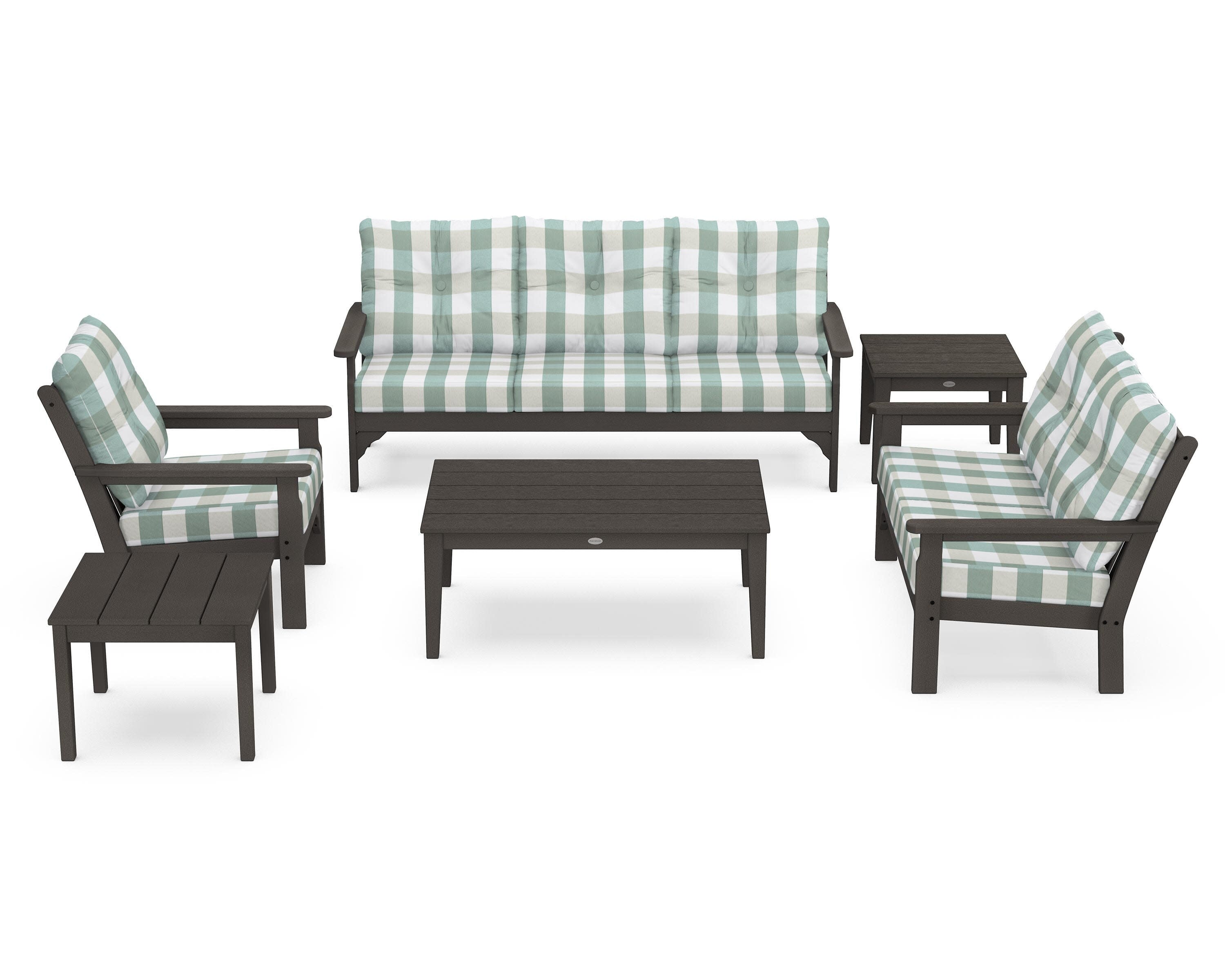 Vineyard 6-Piece Deep Seating Set in Vintage Coffee / Buffalo Plaid Glacier Spa