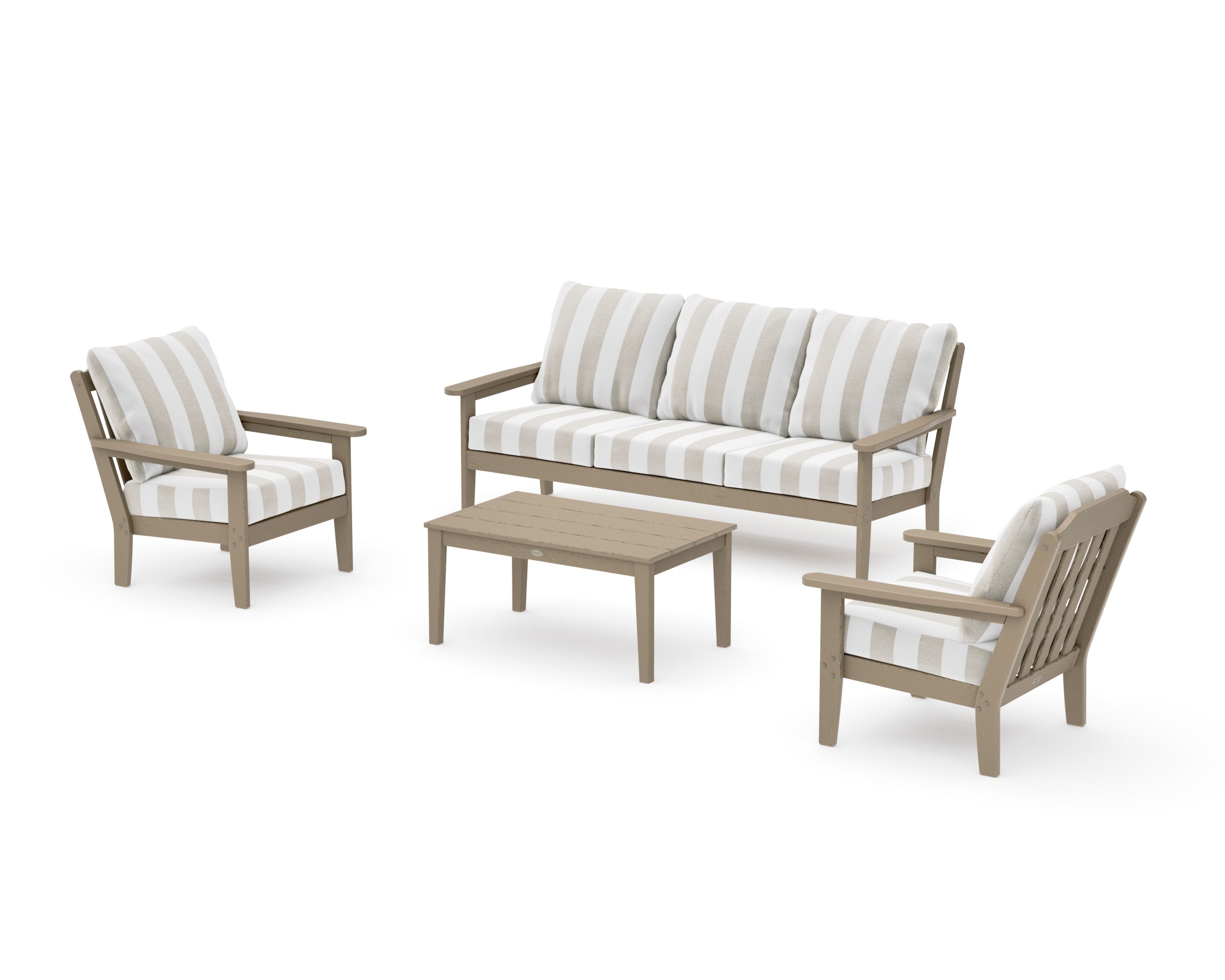 Cottage 4-Piece Deep Seating Set with Sofa in Vintage Sahara / Cabana Stripe Dune Burlap