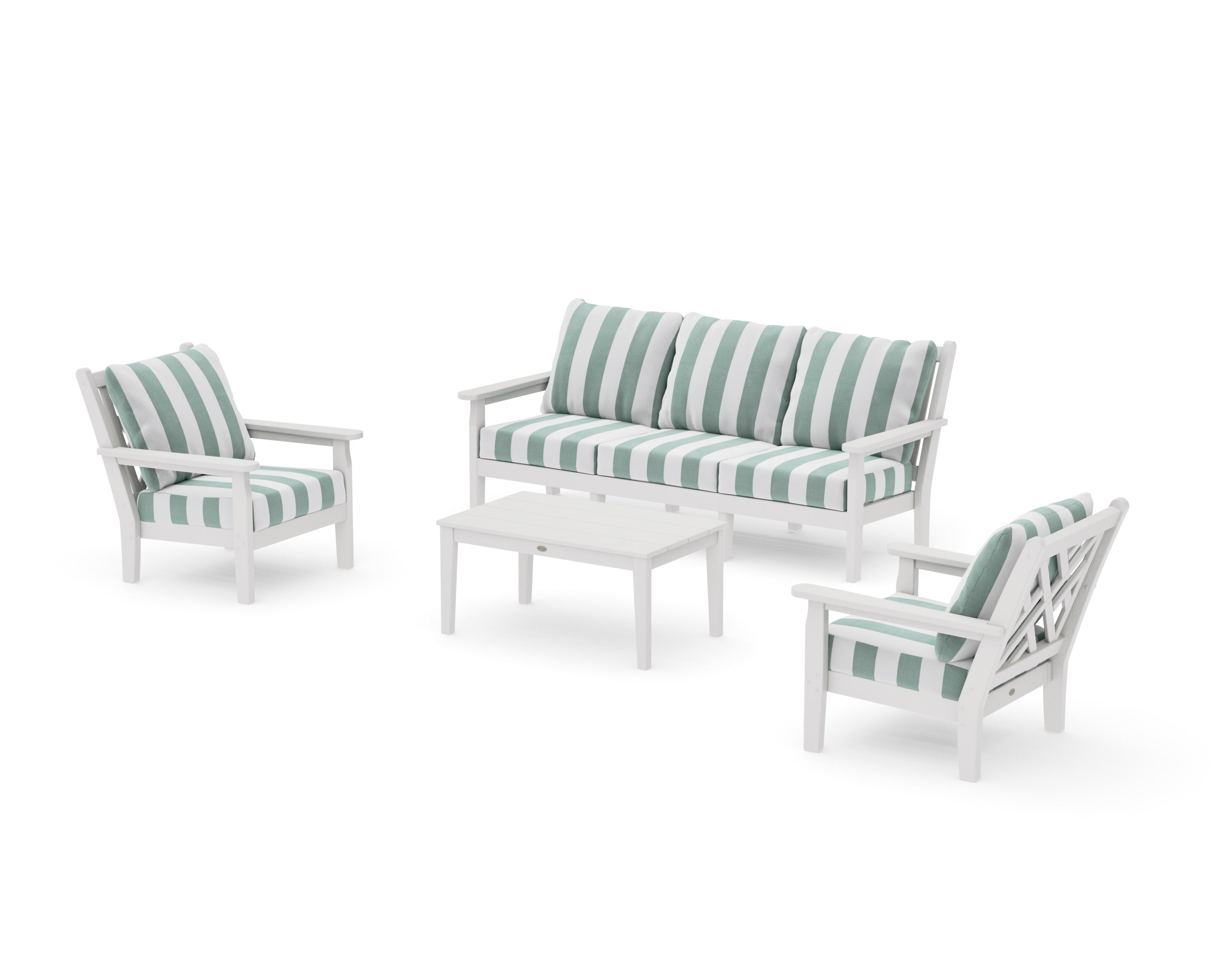 Chippendale 4-Piece Deep Seating Set with Sofa in Vintage White / Cabana Stripe Glacier Spa