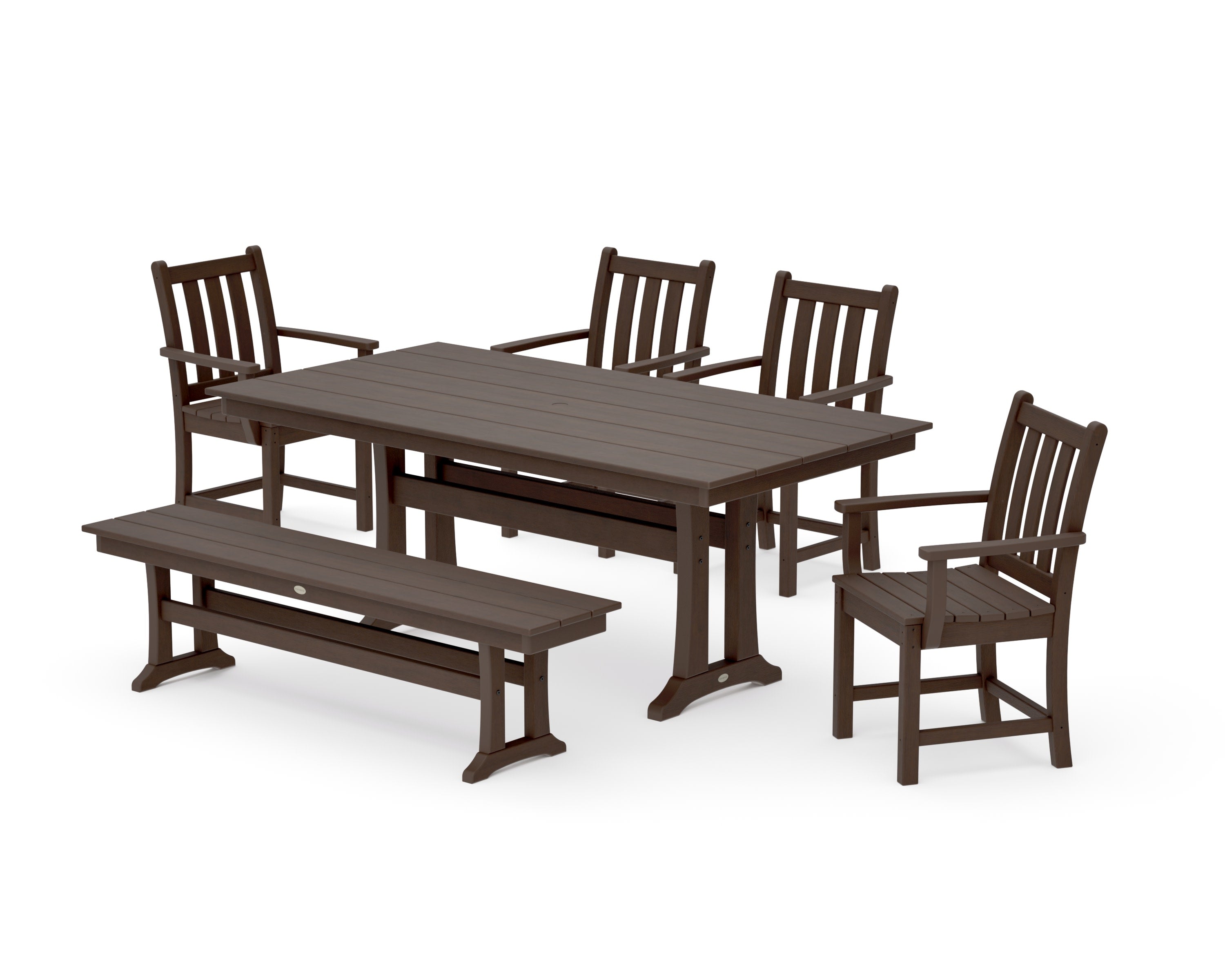Traditional Garden Arm Chair 6-Piece Farmhouse Dining Set with Trestle Legs and Bench in Kona
