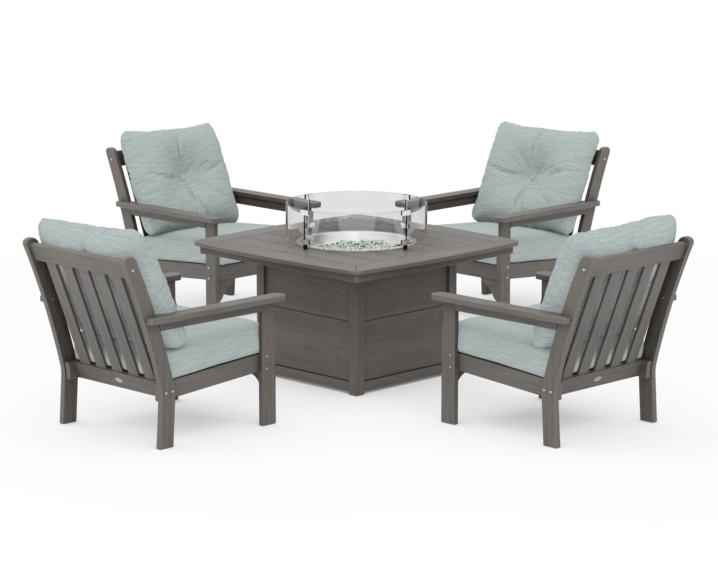 Vineyard 5-Piece Conversation Set with Fire Pit Table in Driftwood / Soothe Mist