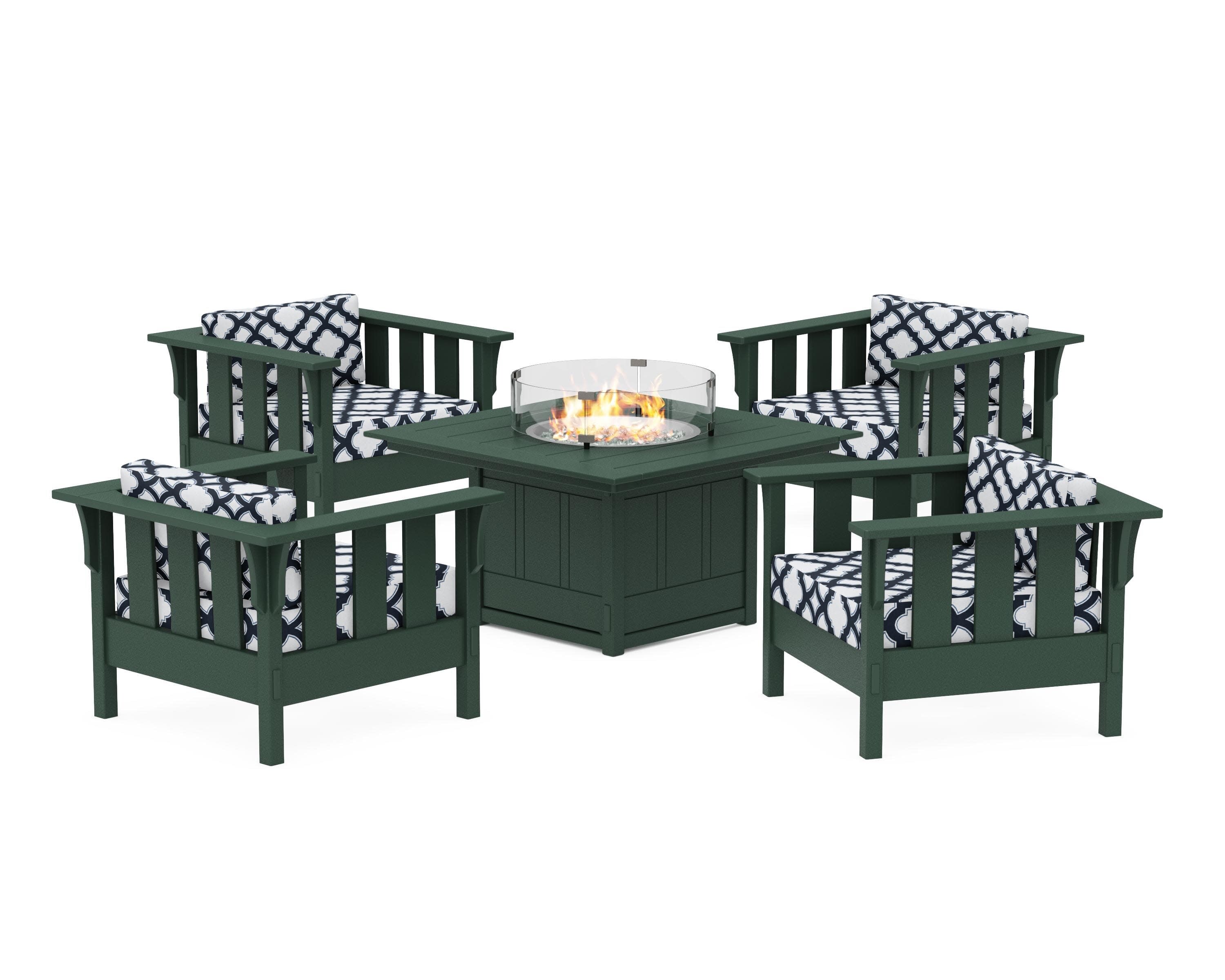 Acadia 5-Piece Deep Seating Set with Fire Pit Table in Green / Trellis Marine Indigo
