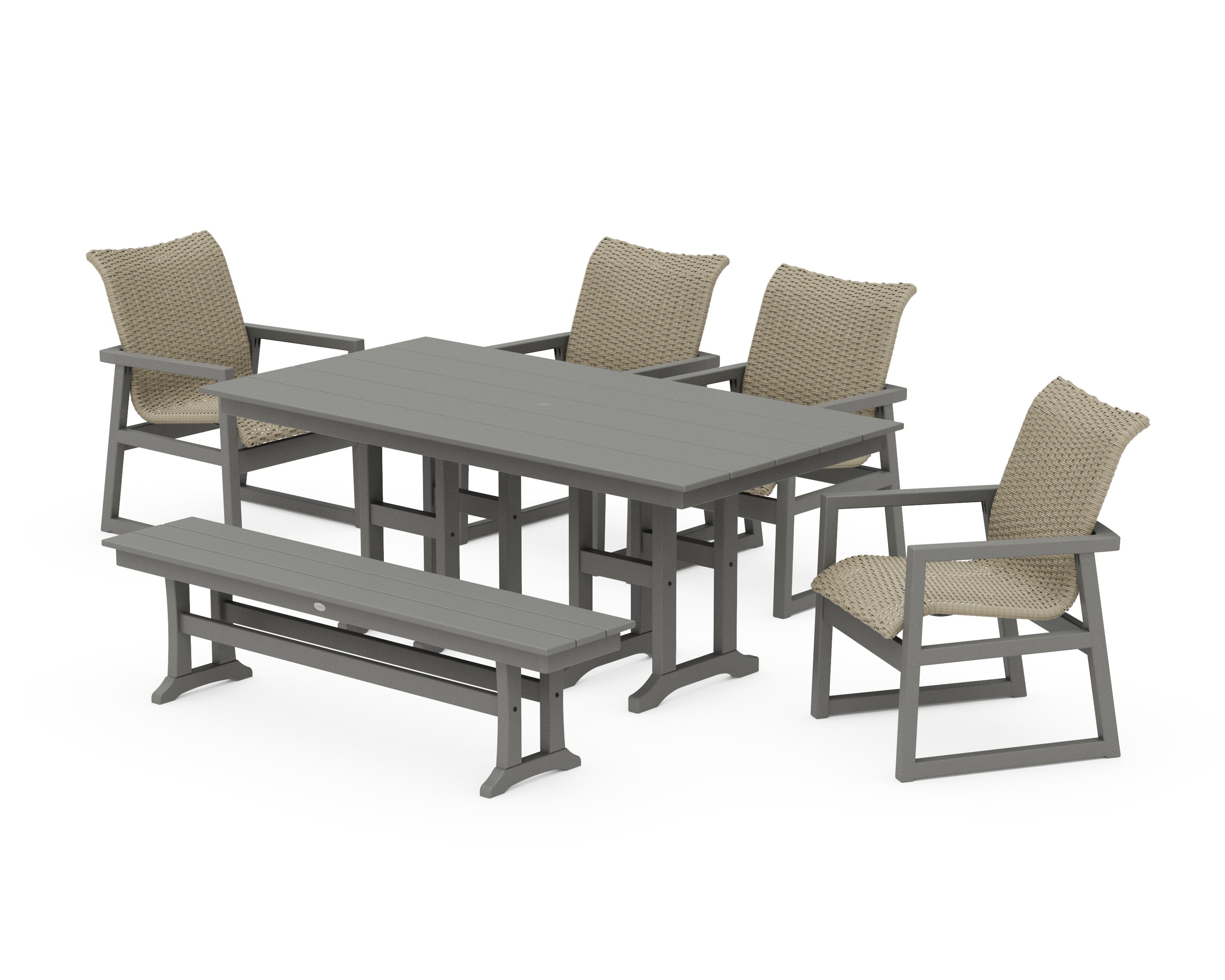 EDGE Woven 6-Piece Farmhouse Dining Set with Bench in Slate Grey / Dune Grass