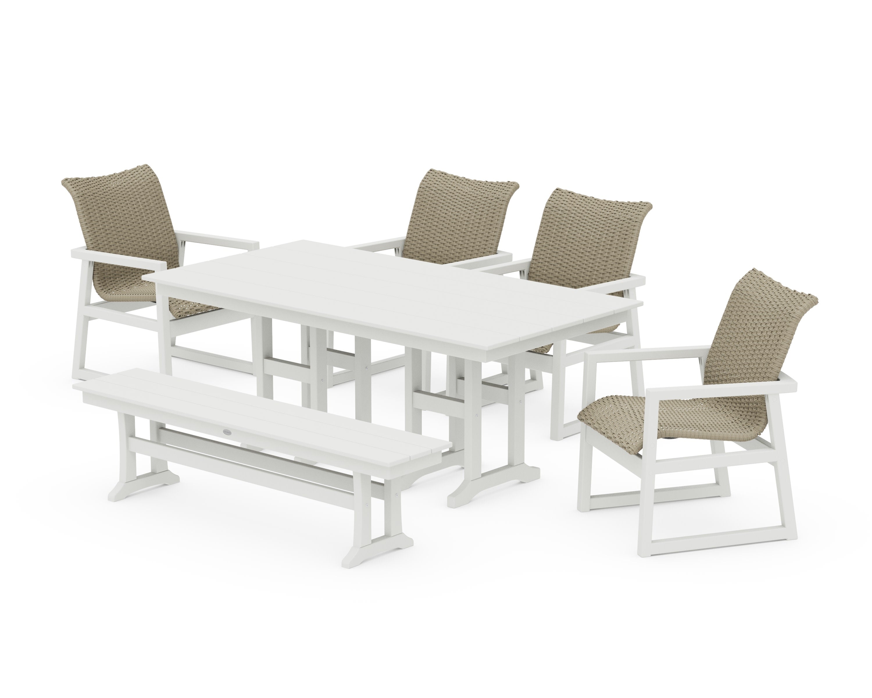 EDGE Woven 6-Piece Farmhouse Dining Set with Bench in White / Dune Grass
