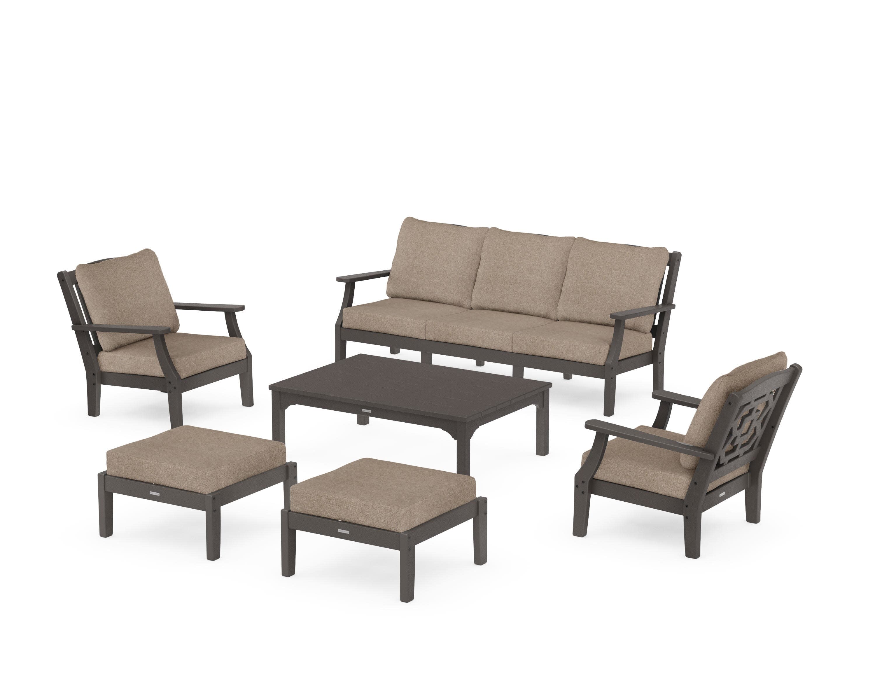 Chinoiserie 6-Piece Lounge Sofa Set in Vintage Coffee / Spiced Burlap