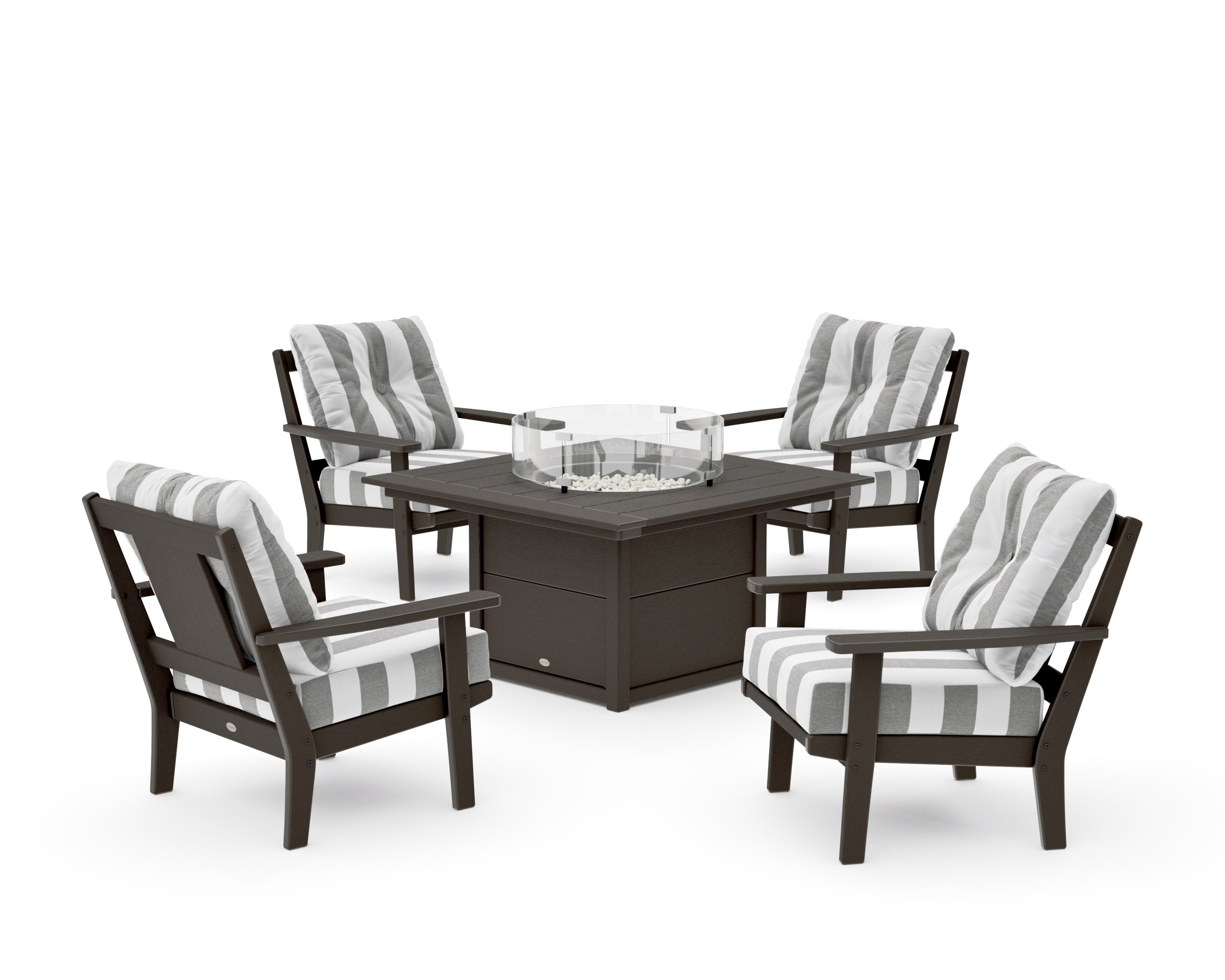 Prairie 5-Piece Deep Seating Set with Fire Pit Table in Vintage Coffee / Cabana Stripe Grey Mist