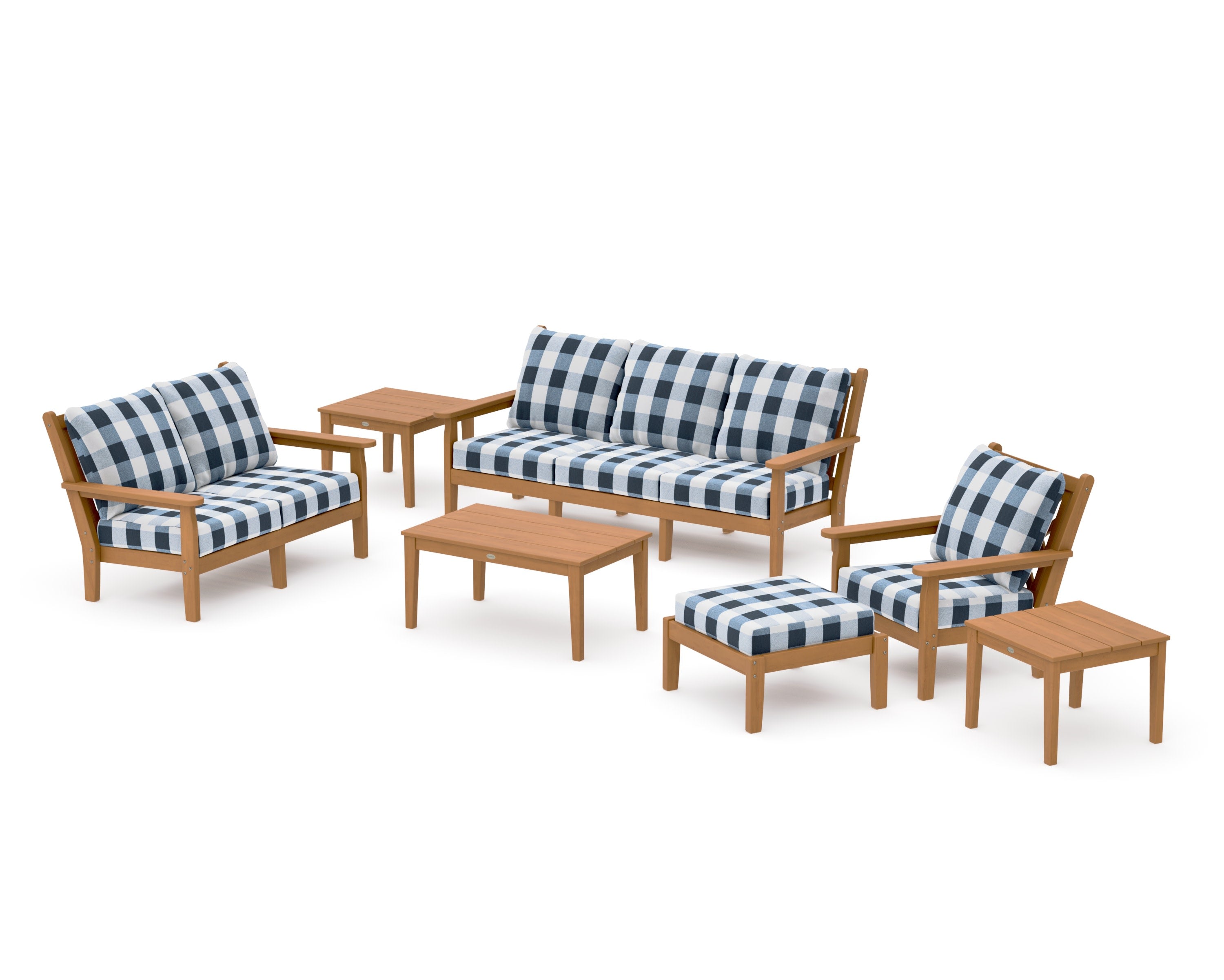Chippendale 7-Piece Deep Seating Set in Natural / Buffalo Plaid Marine Indigo