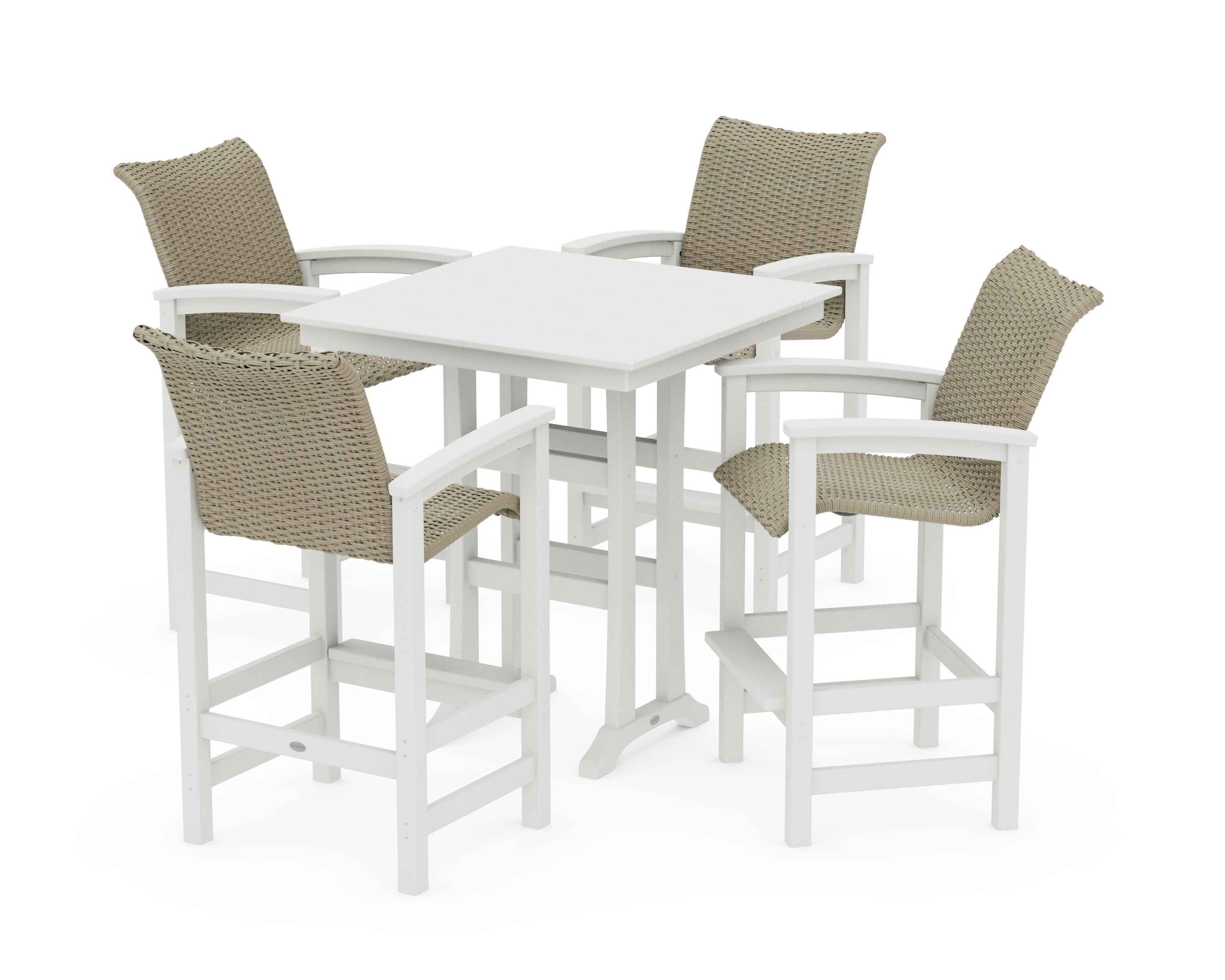 Coastal Woven 5-Piece Farmhouse Bar Set with Trestle Legs in Vintage White / Dune Grass