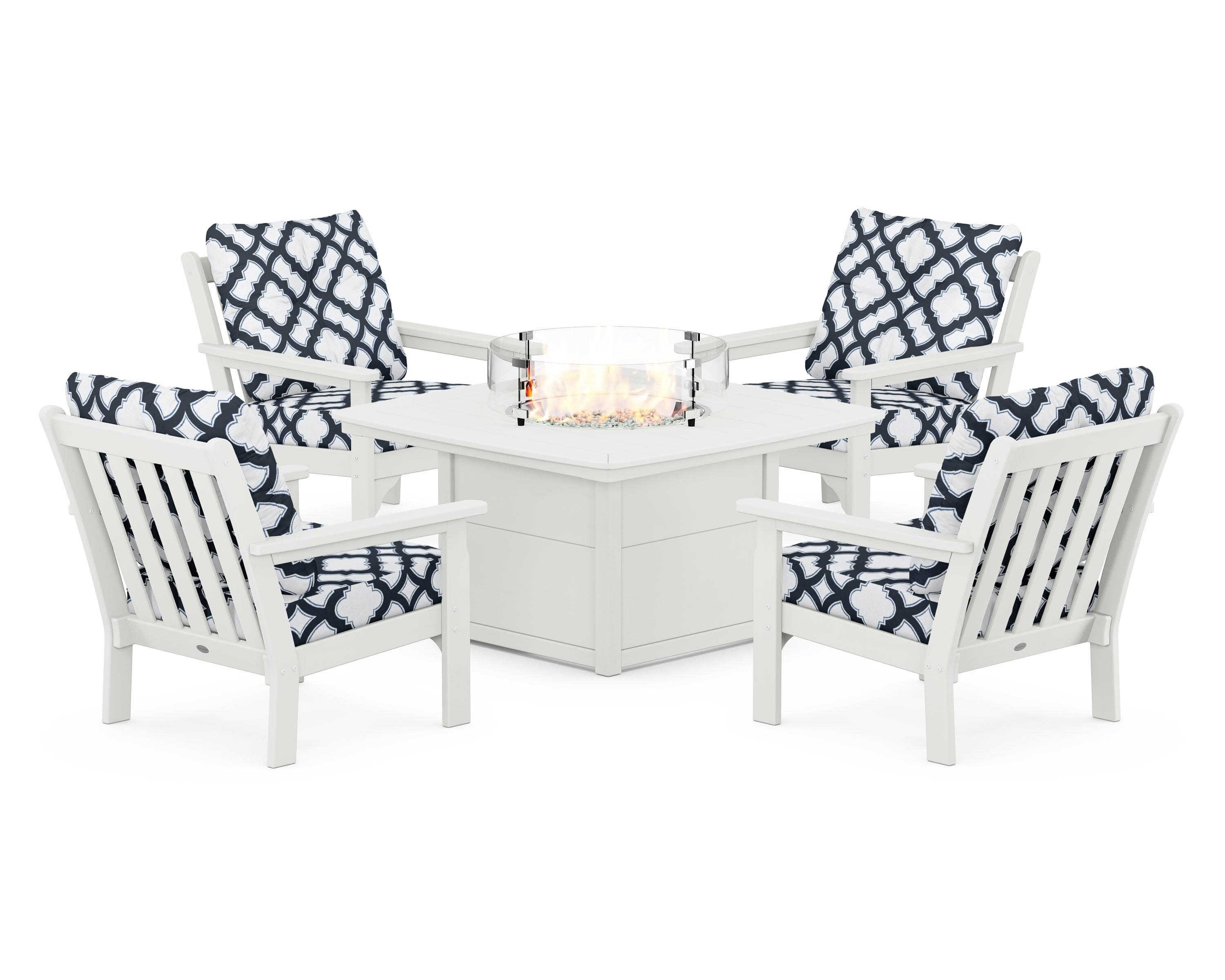 Vineyard 5-Piece Conversation Set with Fire Pit Table in Vintage White / Trellis Marine Indigo