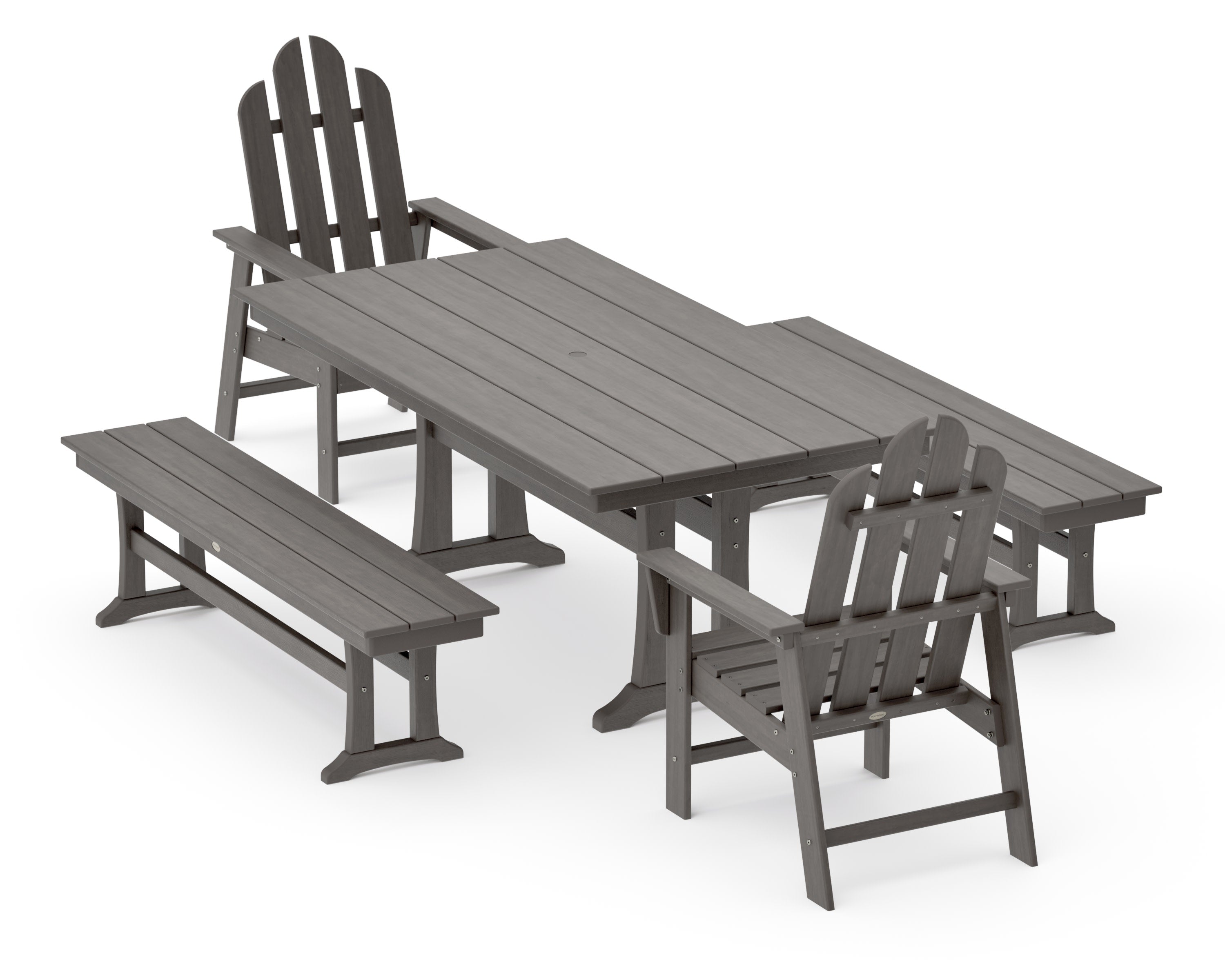 Long Island 5-Piece Farmhouse Dining Set With Trestle Legs in Driftwood
