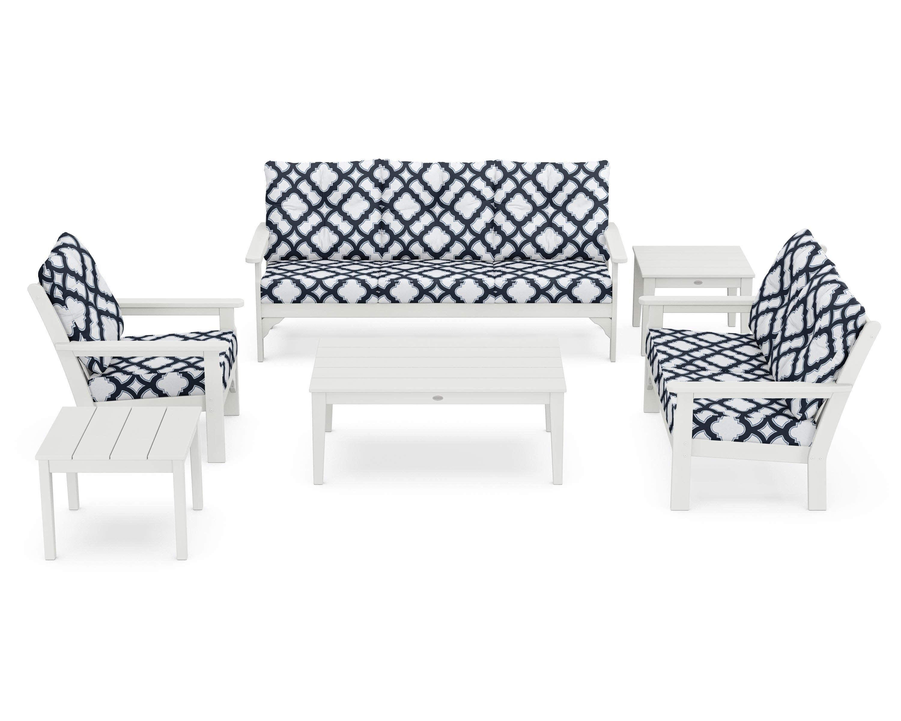 Vineyard 6-Piece Deep Seating Set in Vintage White / Trellis Marine Indigo