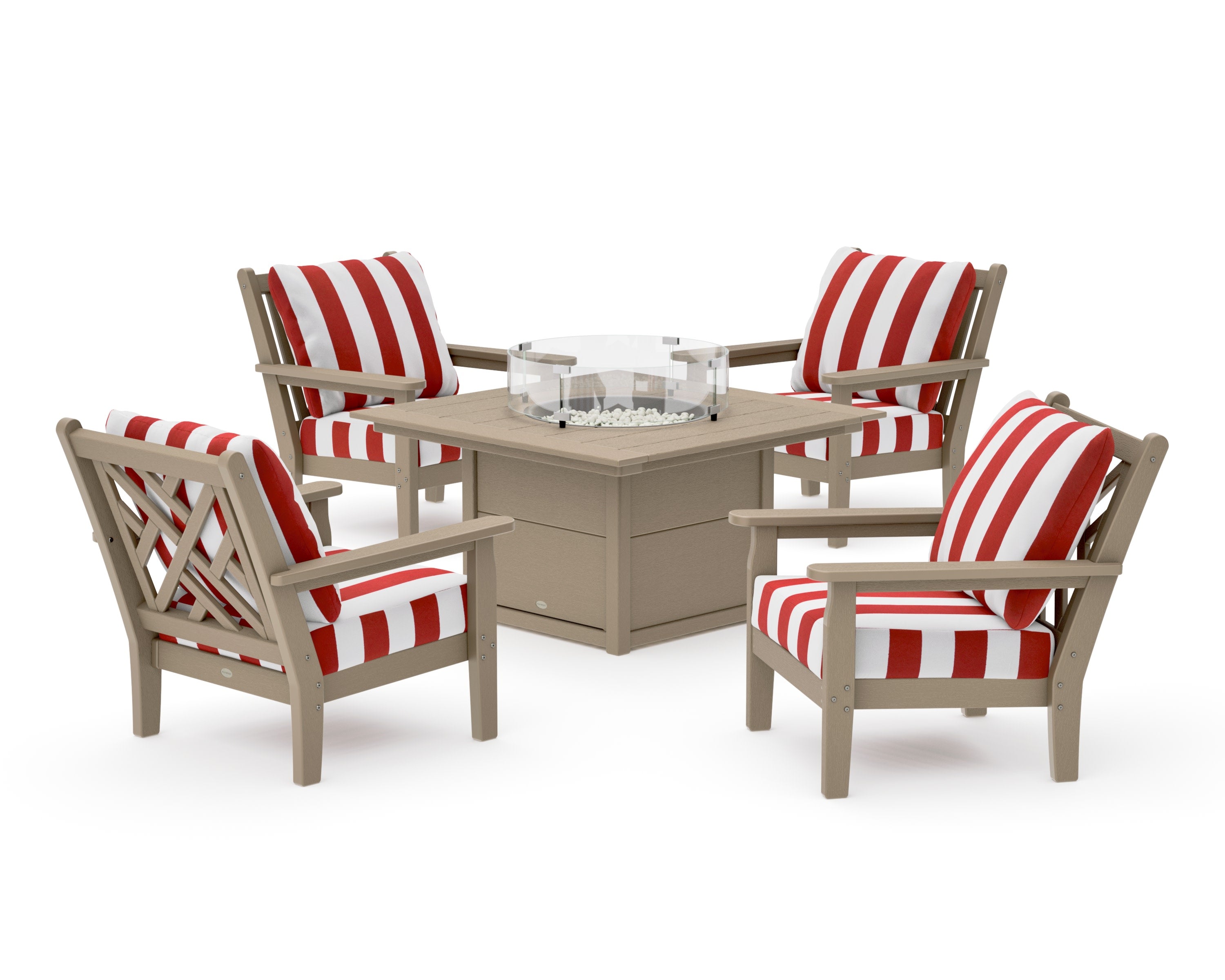 Chippendale 5-Piece Deep Seating Set with Fire Pit Table in Vintage Sahara / Cabana Stripe Crimson