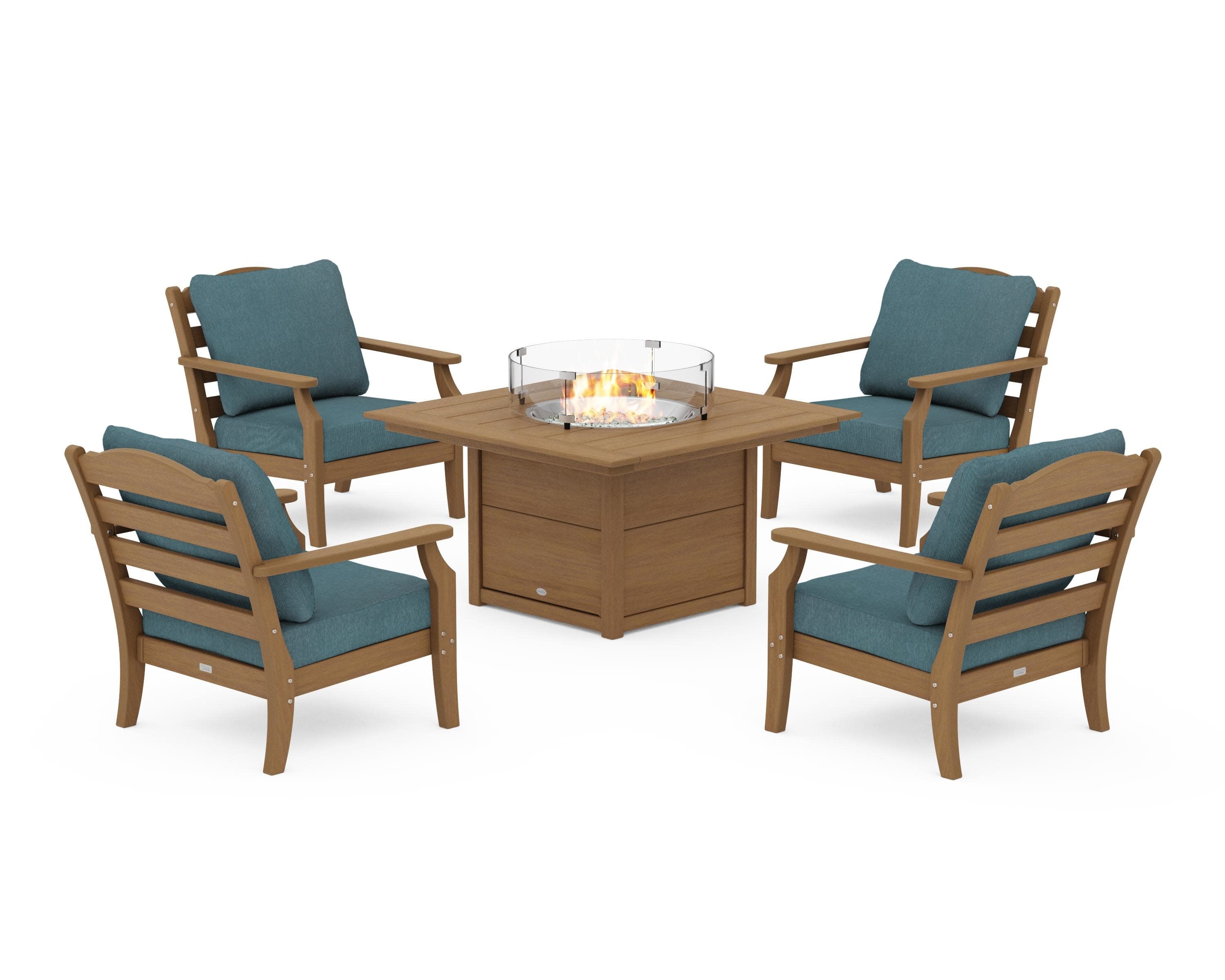 Savannah 5-Piece Deep Seating Set with Fire Pit Table in Natural / Ocean Teal