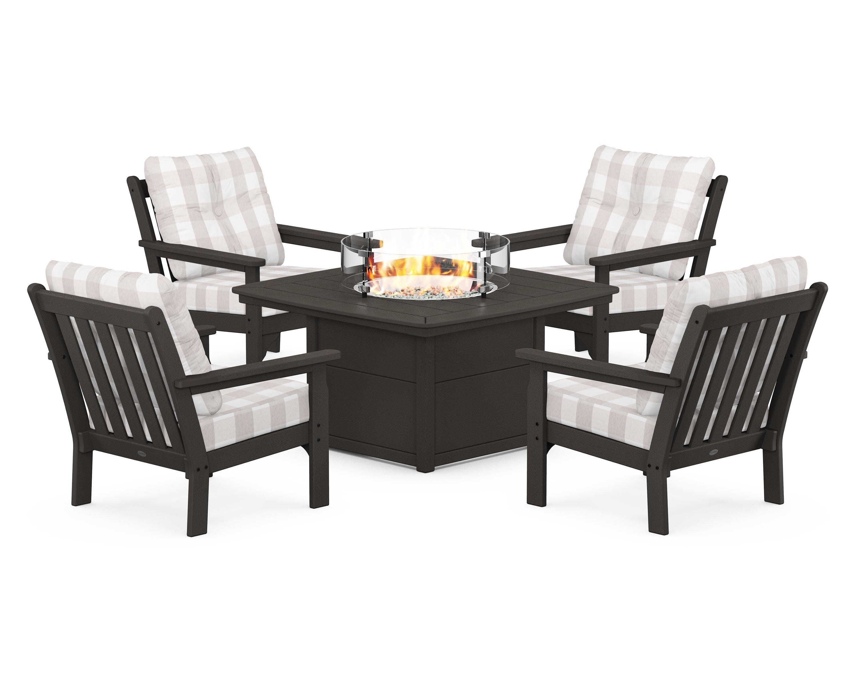Vineyard 5-Piece Conversation Set with Fire Pit Table in Vintage Coffee / Buffalo Plaid Dune Burlap