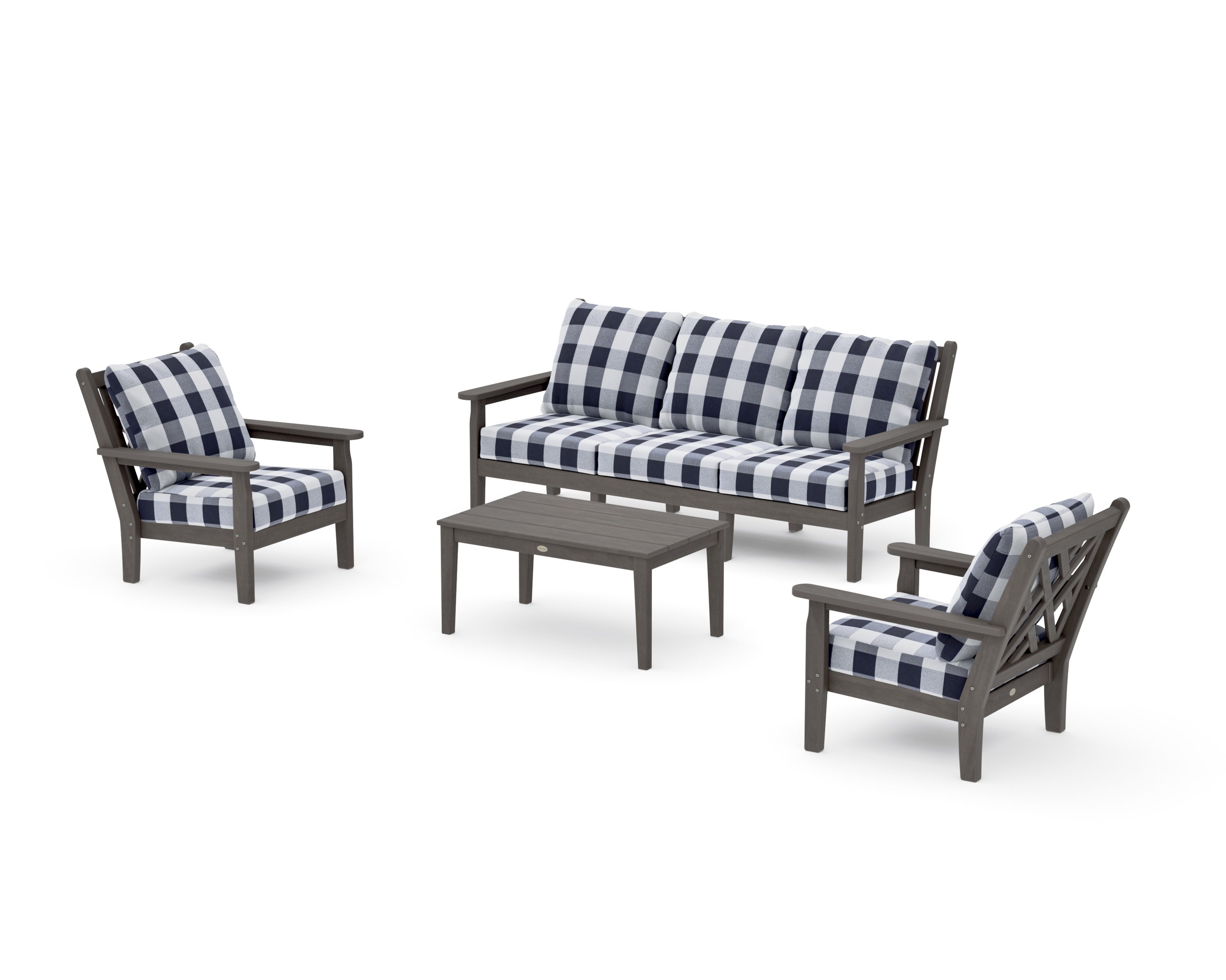 Chippendale 4-Piece Deep Seating Set with Sofa in Driftwood / Buffalo Plaid Navy