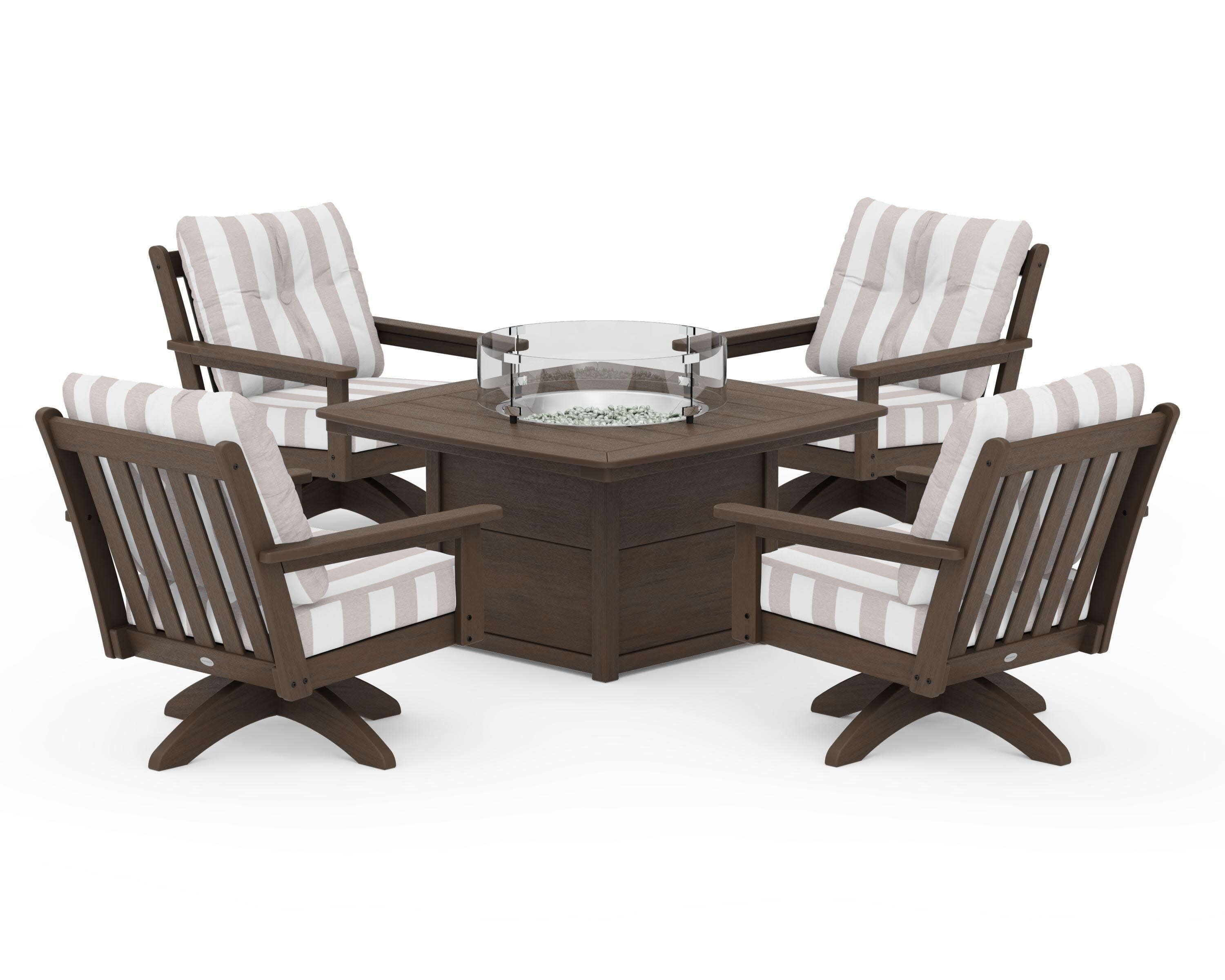 Vineyard 5-Piece Deep Seating Swivel Conversation Set with Fire Pit Table in Kona / Cabana Stripe Dune Burlap
