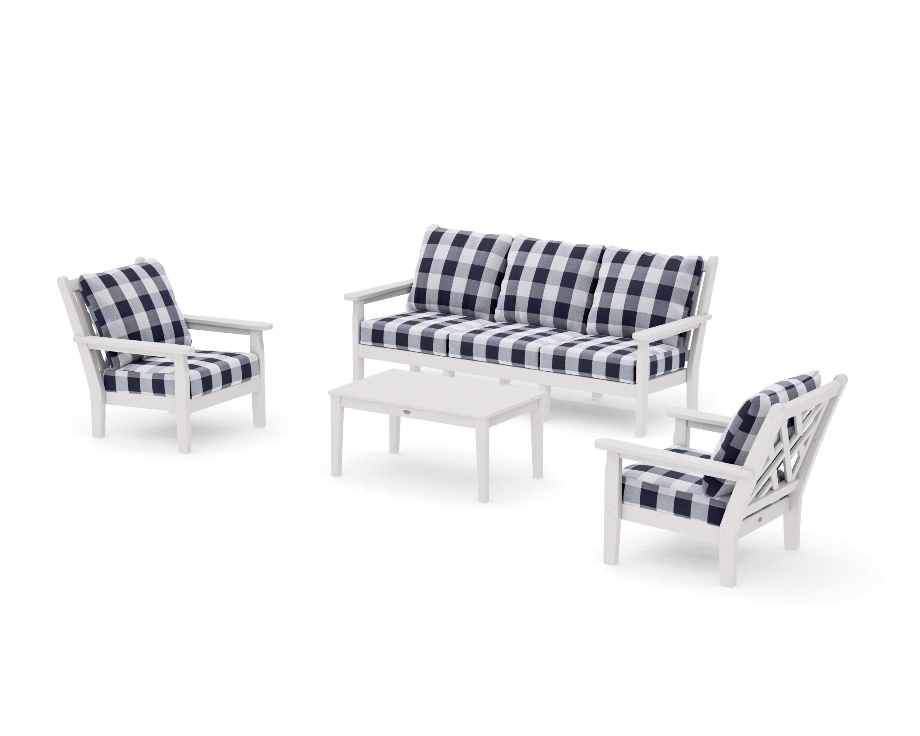 Chippendale 4-Piece Deep Seating Set with Sofa in Vintage White / Buffalo Plaid Navy