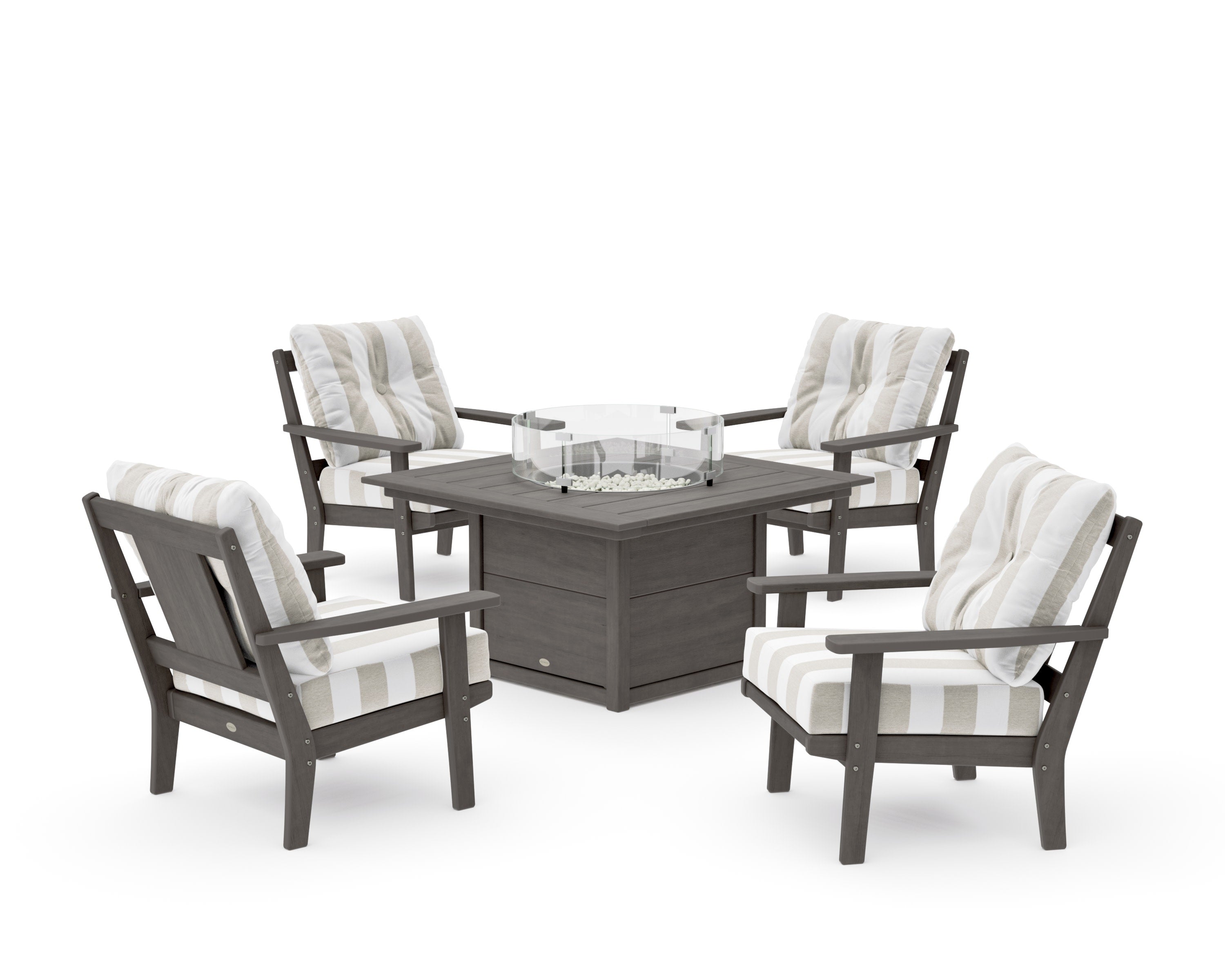 Prairie 5-Piece Deep Seating Set with Fire Pit Table in Driftwood / Cabana Stripe Dune Burlap