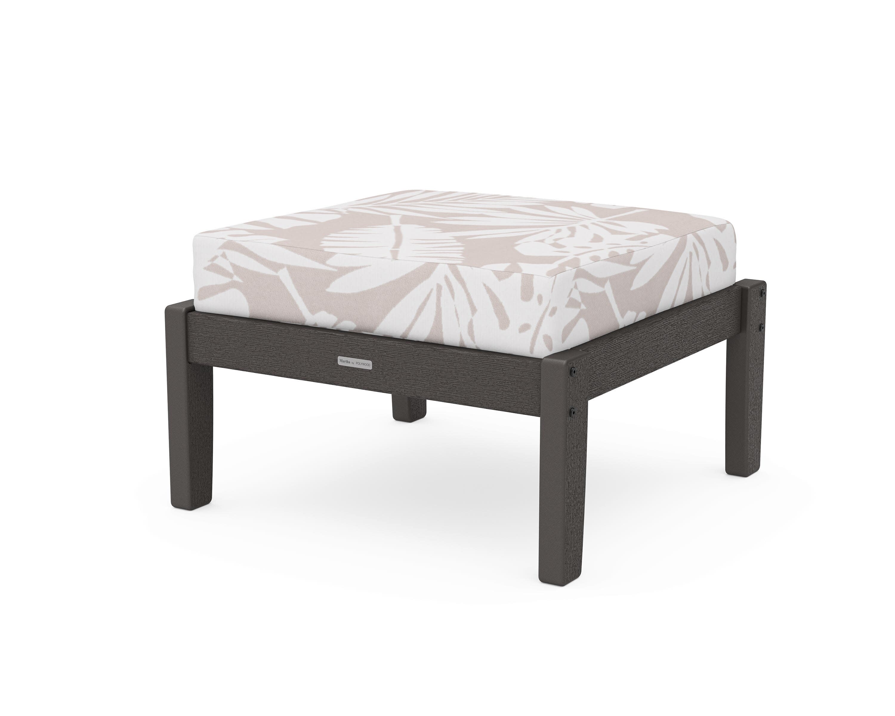 Chinoiserie Deep Seating Ottoman in Vintage Coffee / Leaf Dune Burlap