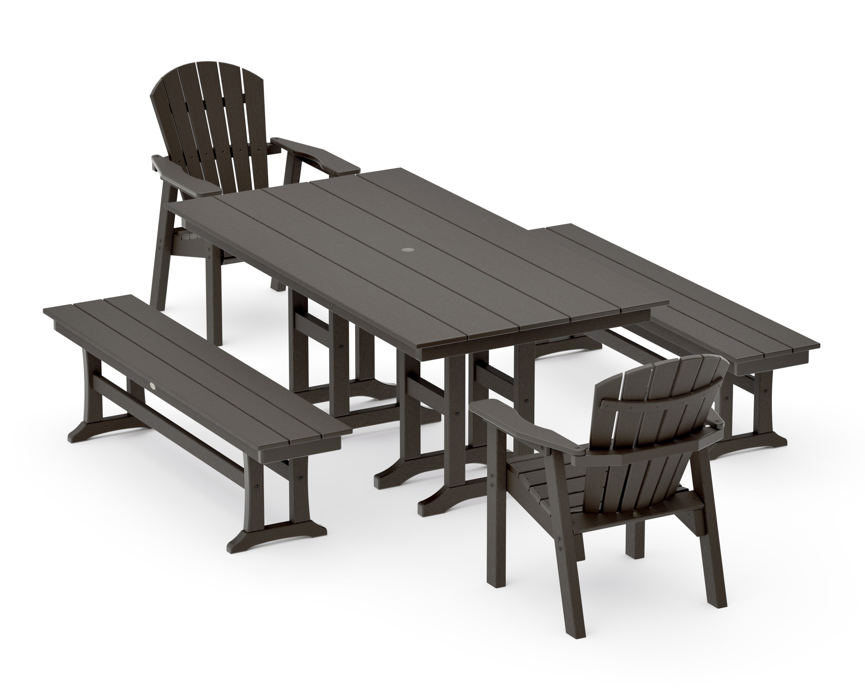Seashell 5-Piece Farmhouse Dining Set with Benches in Vintage Coffee